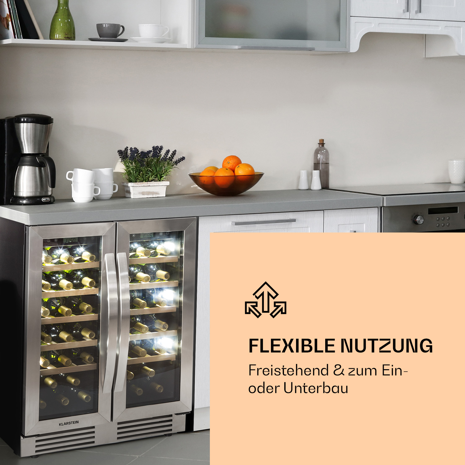 Küche mit Weinkühler, Kaffeemaschine und Essen. Text: FLEXIBLE NUTZUNG. Freistehend & zum Einbau.