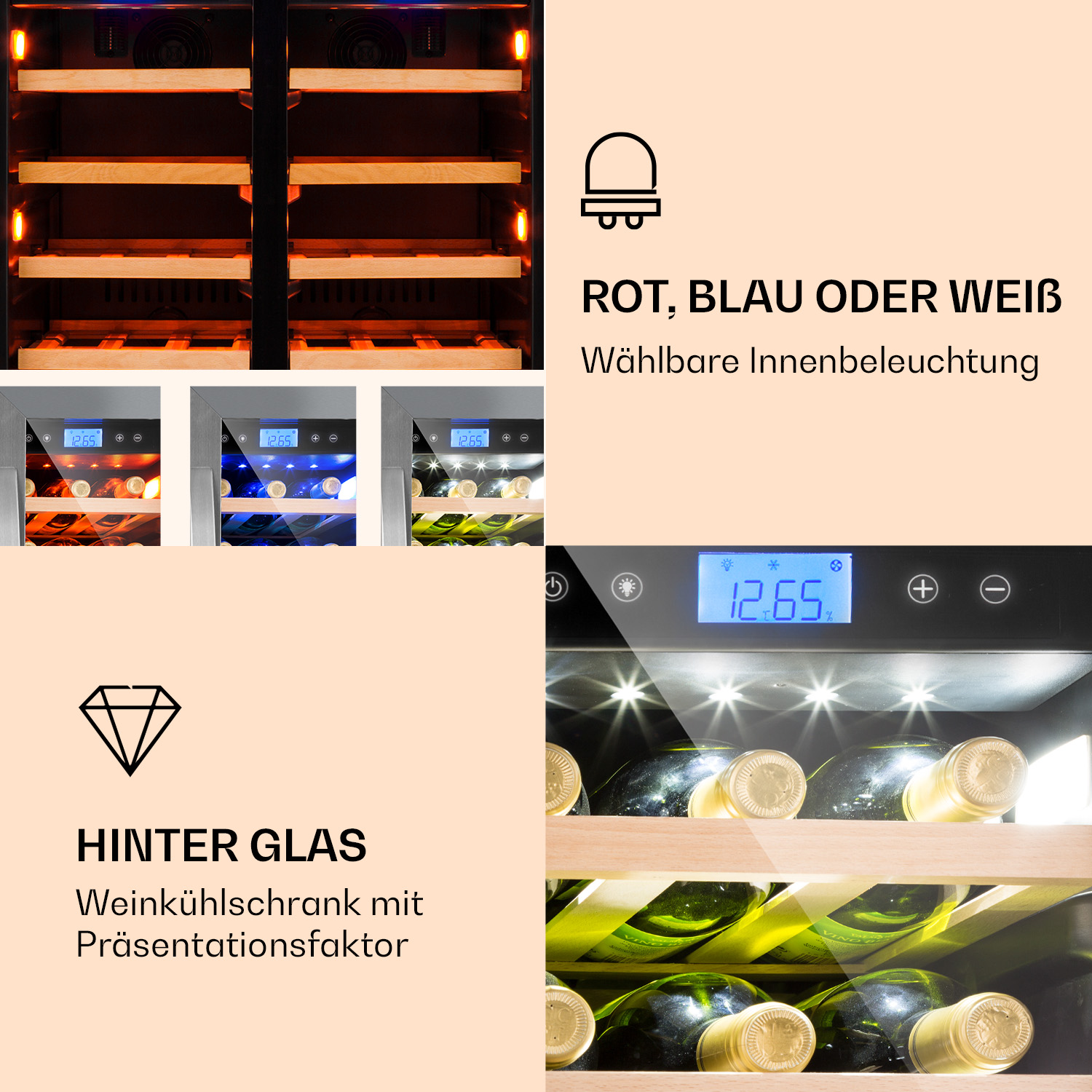 Weinkühlschrank mit roter, blauer oder weißer Innenbeleuchtung. Weinflaschen sind durch das Glas sichtbar.