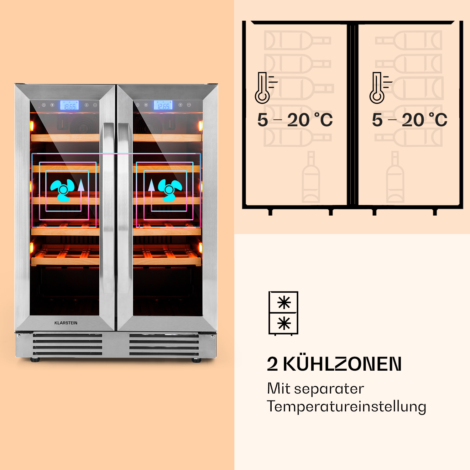 Ein Weinkühler mit zwei Glastüren und Flaschenanzeigen, mit einem Bedienfeld.