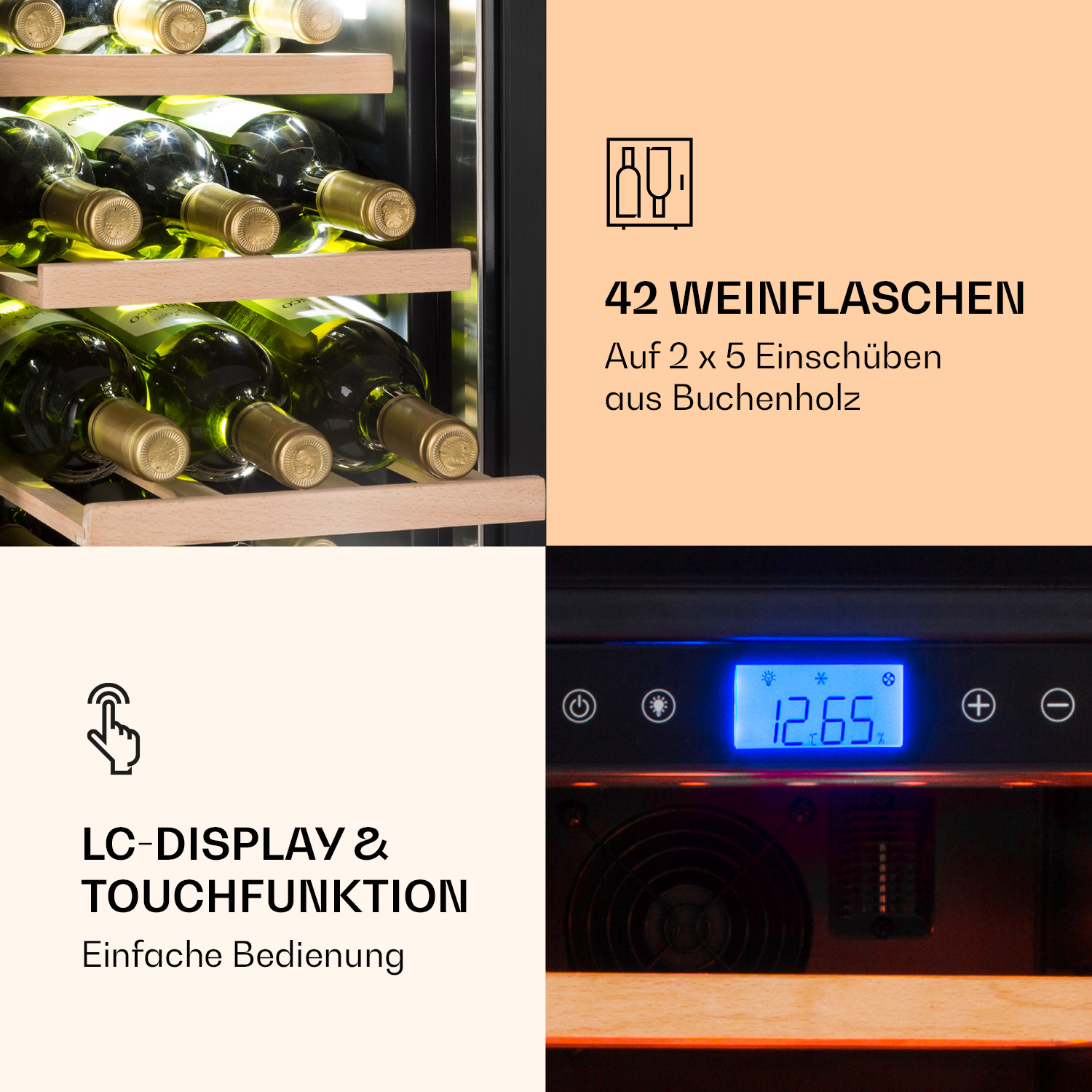 Ein Weinkühler mit Weinflaschen. Text zeigt '42 Weinflaschen' und 'LC-DISPLAY & TOUCHFUNKTION'.