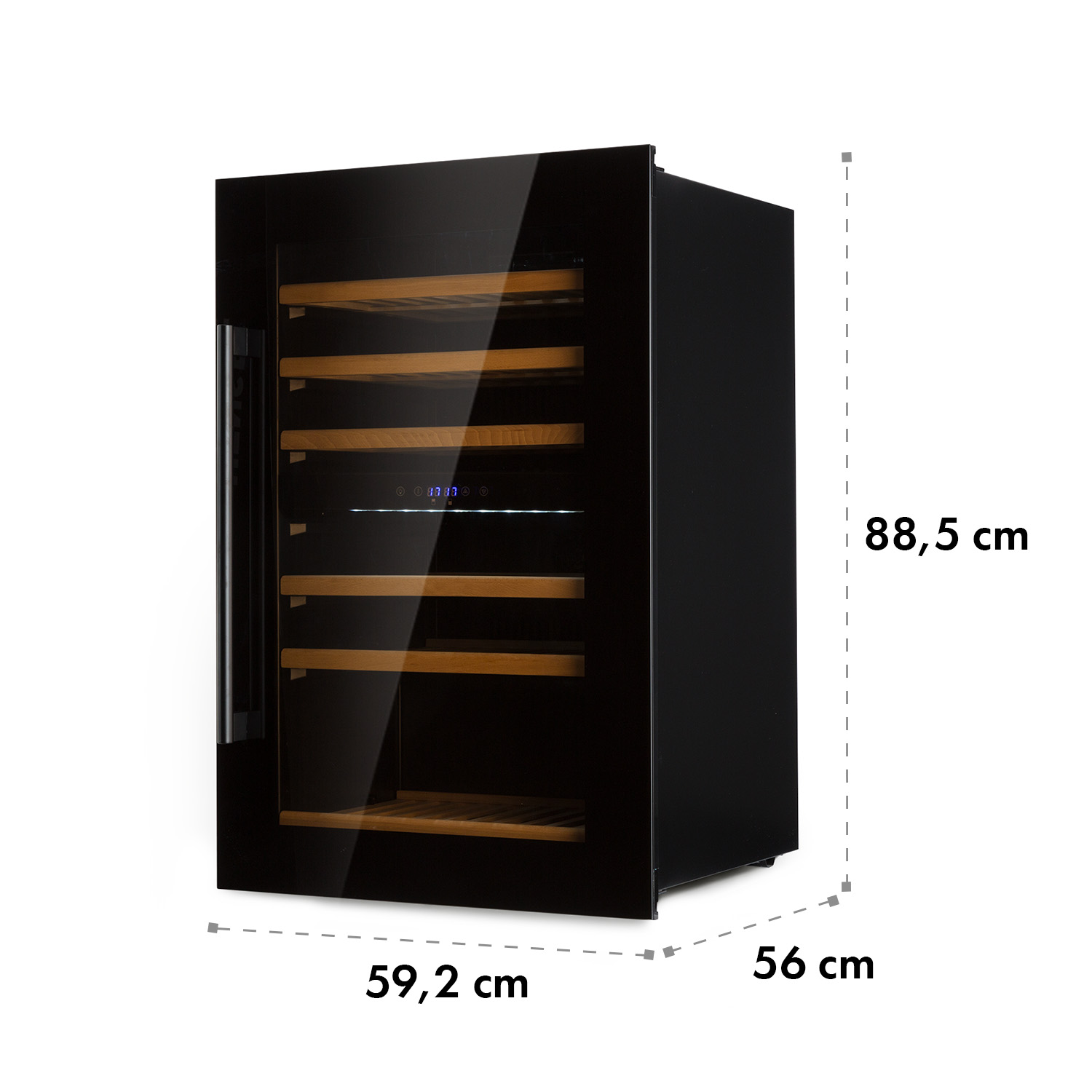 Una cantinetta nera con ripiani in legno e porta a vetro, dimensioni 59,2x56x88,5cm.