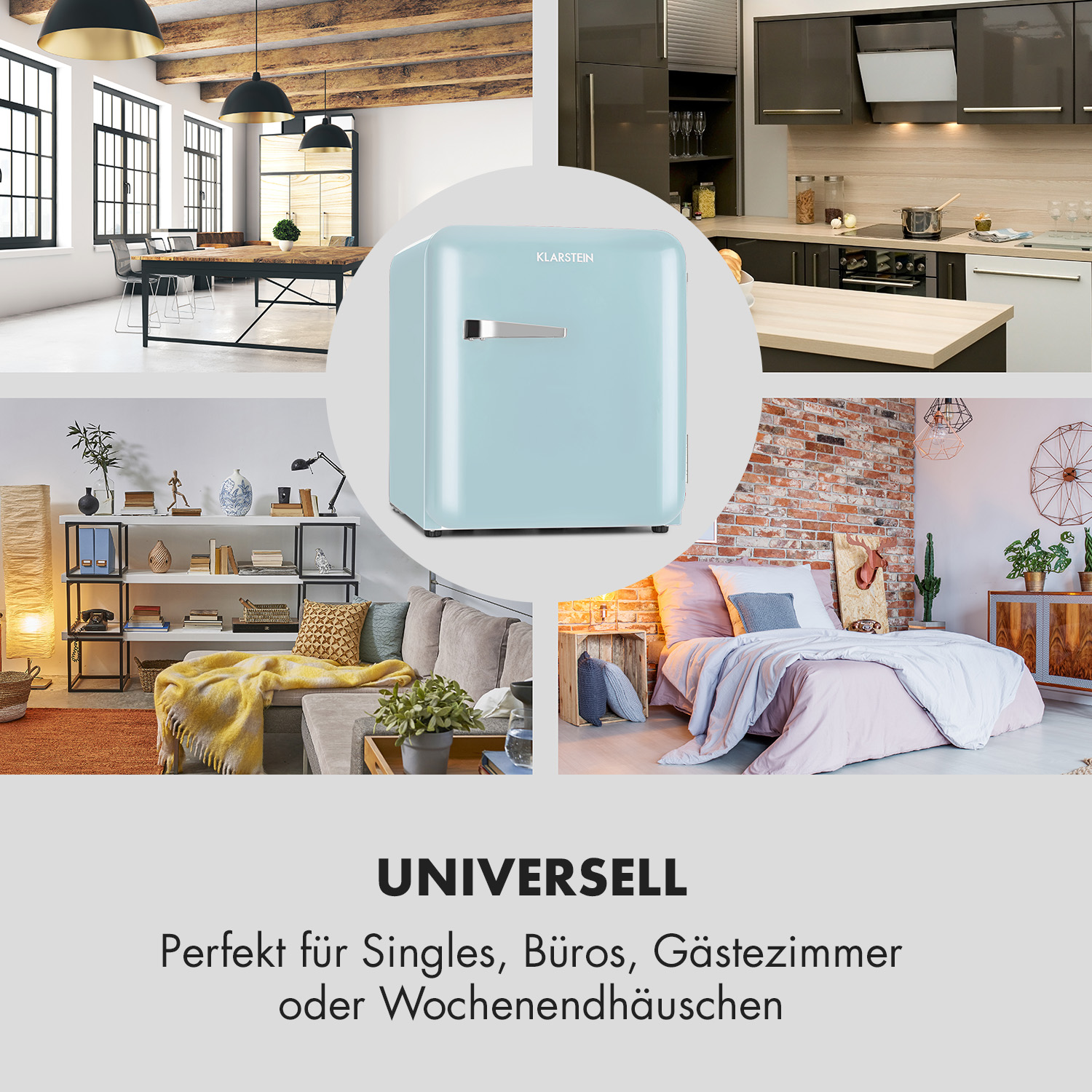 Un mini frigo azzurro chiaro in vari contesti domestici, con testo 'UNIVERSELL' e descrizione in tedesco.