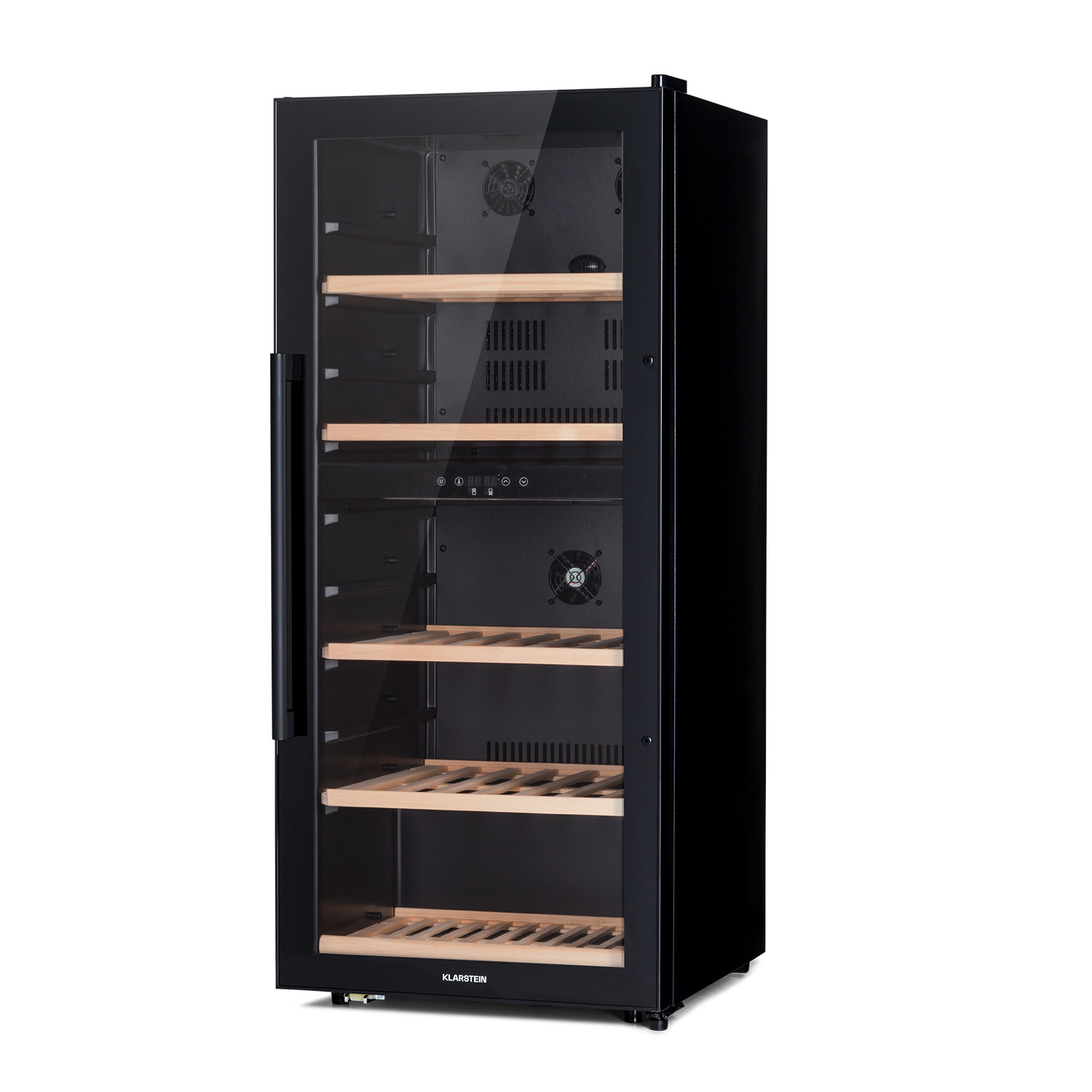 Enfriador de vino negro con puerta de vidrio, estantes de madera.
