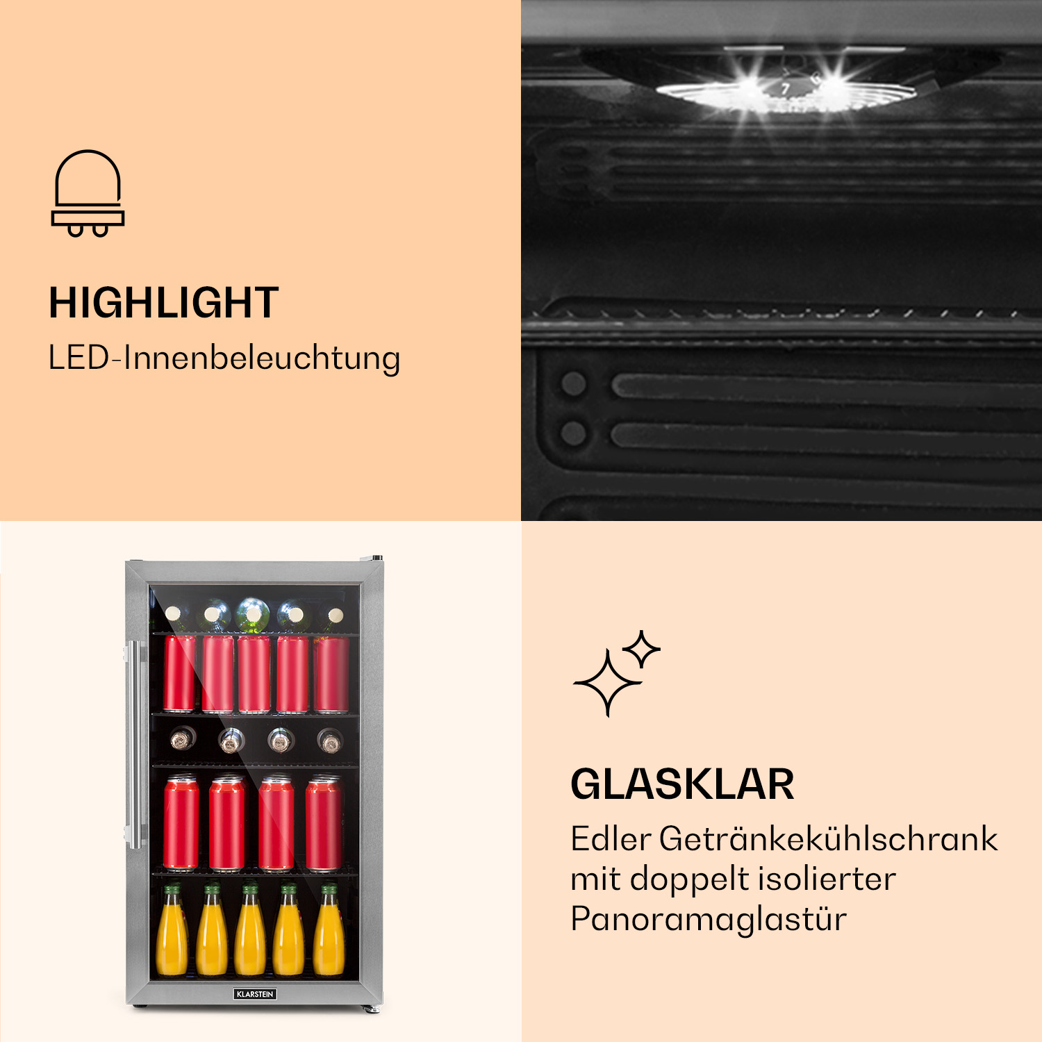 Mini frigorifero con bevande, dettaglio luce LED e testo in tedesco.