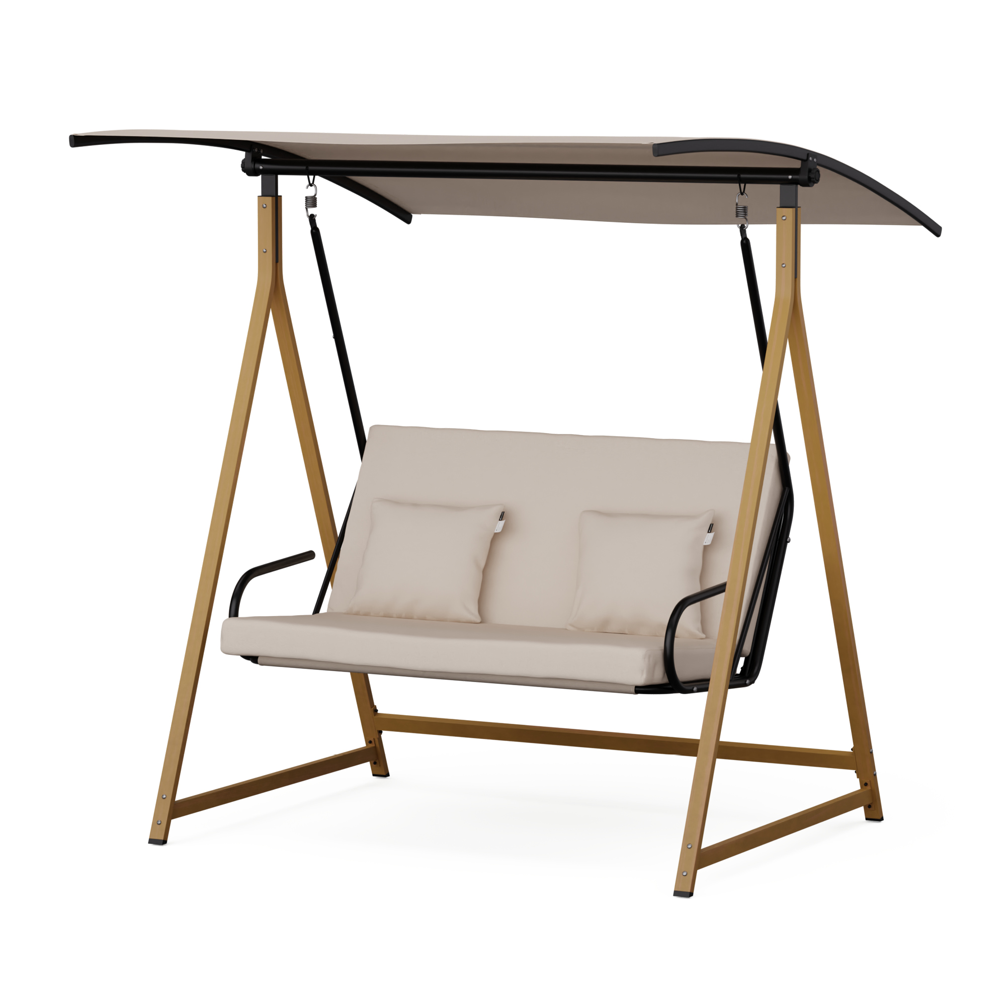 Beige Außenschaukel mit Baldachin, Holzrahmen und zwei Kissen.