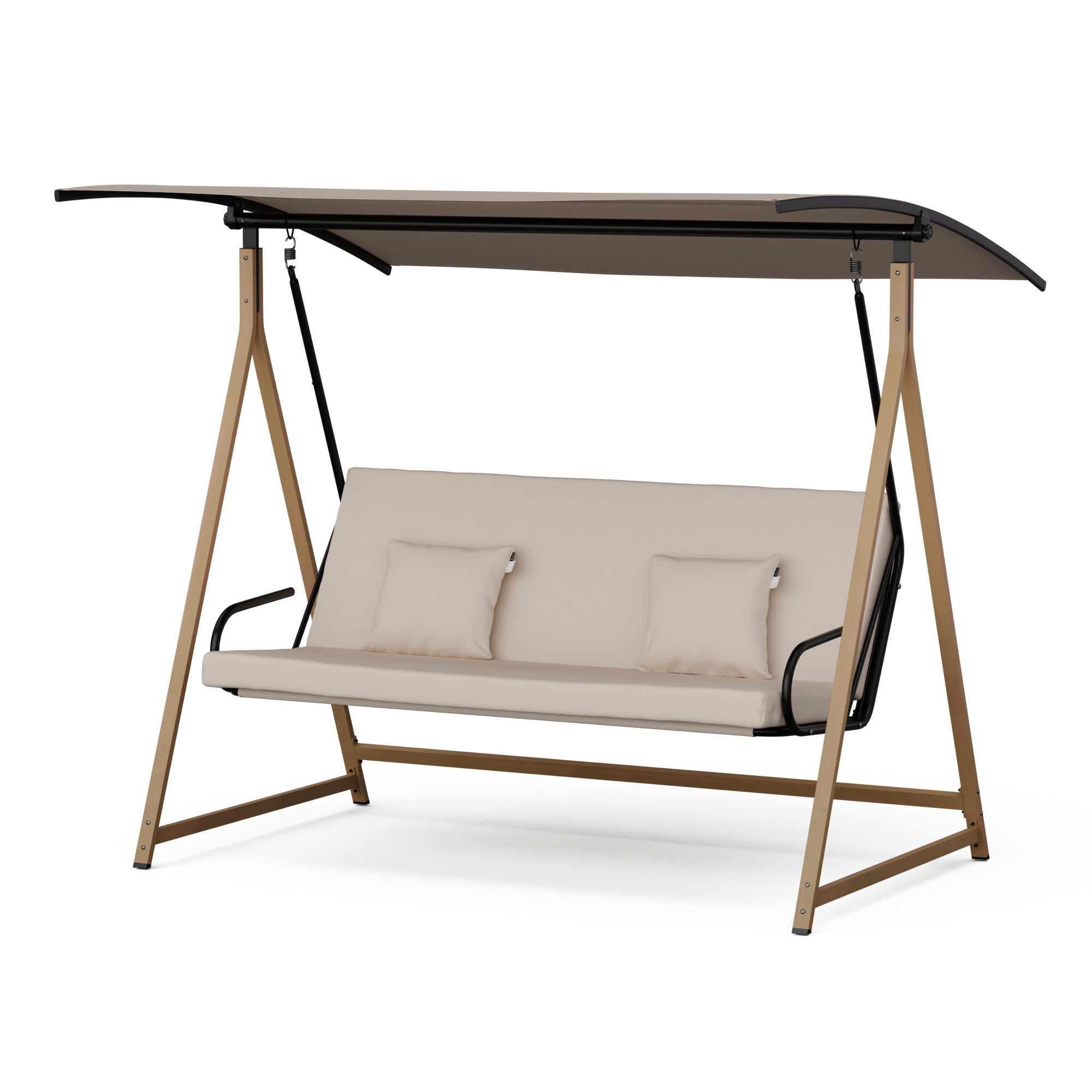 Eine beige-braune Schaukel mit einem Baldachin, auf weißem Hintergrund.