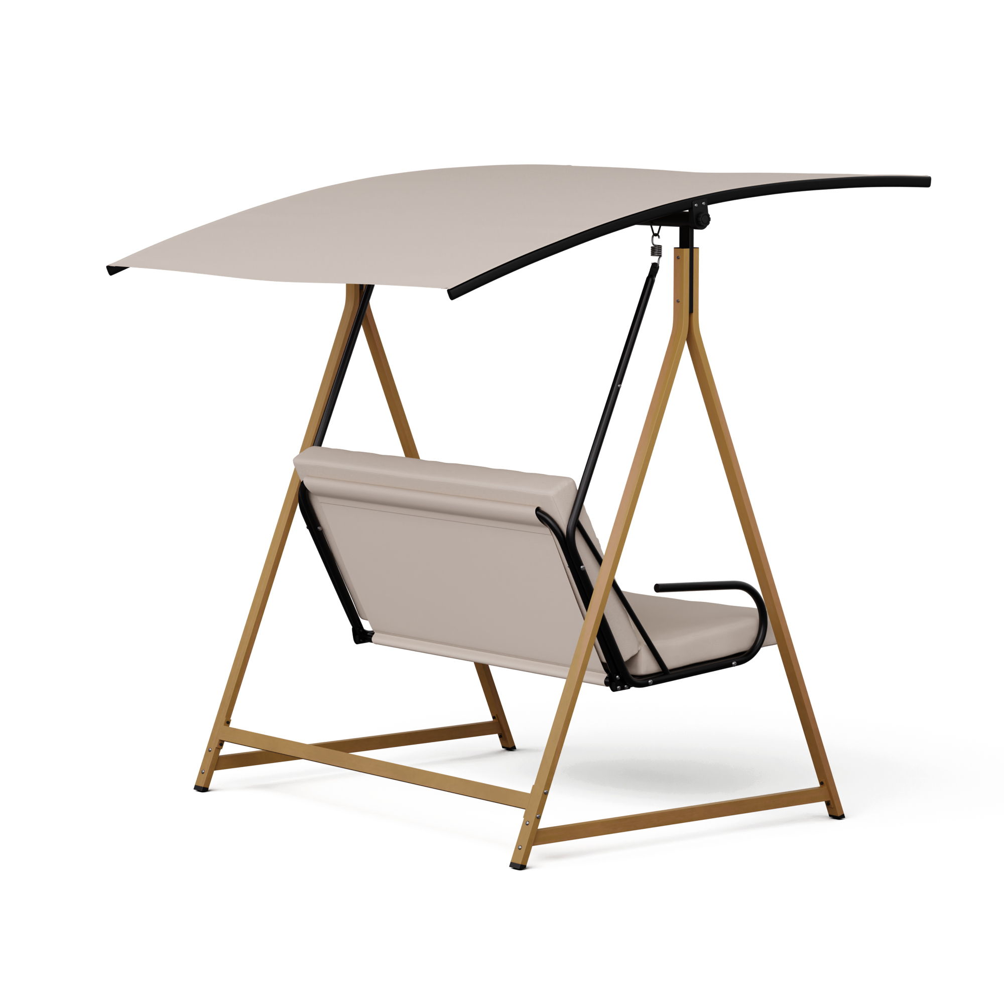 Eine beige Schaukel mit Baldachin, Holzrahmen und beigem Sitz vor weißem Hintergrund.