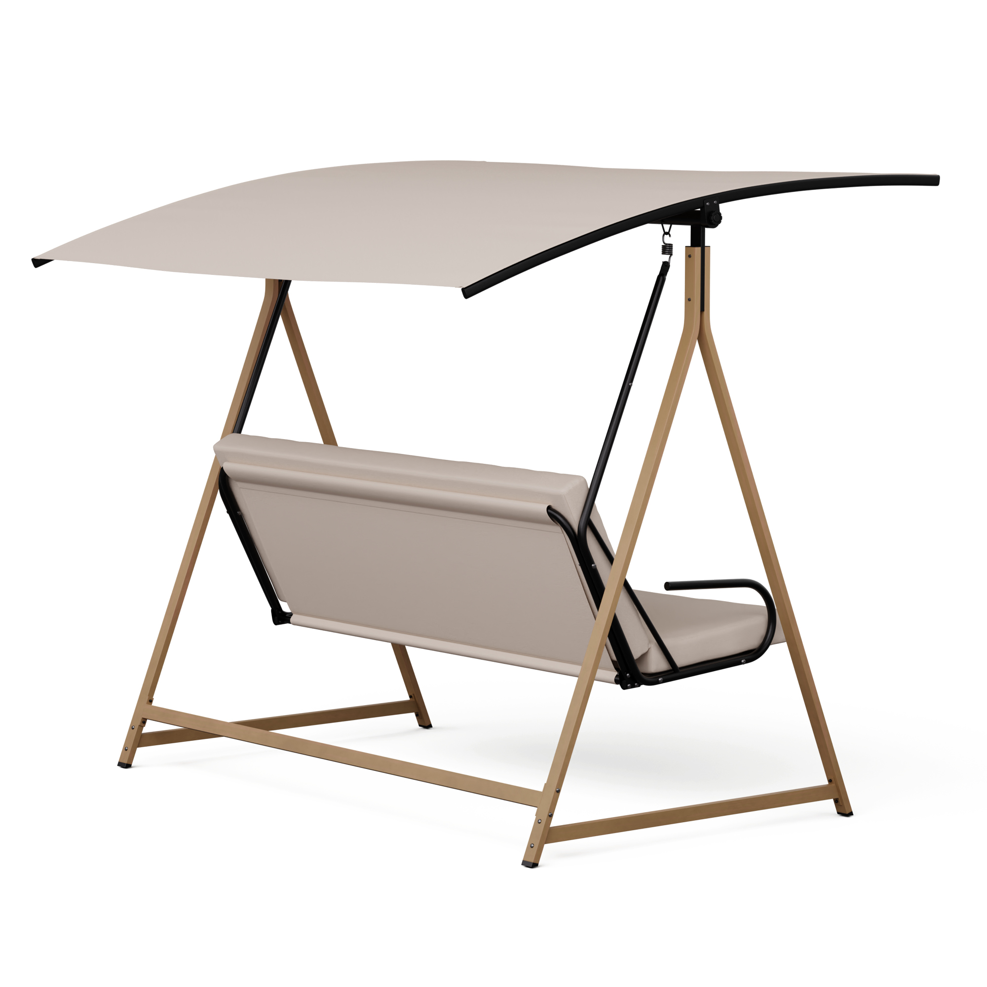 Eine beige Schaukel mit einem Baldachin. Es ist auf weißem Hintergrund.