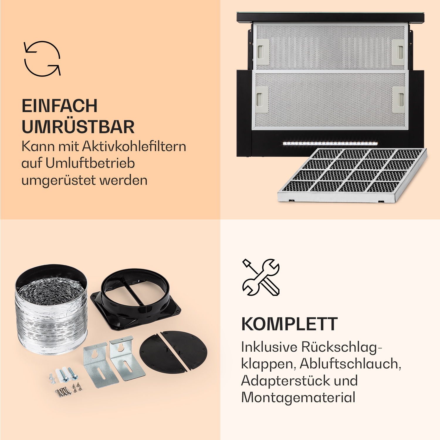 Komponenten für eine Dunstabzugshaube: Filter, Kanal, Halterungen. Weißer Hintergrund.