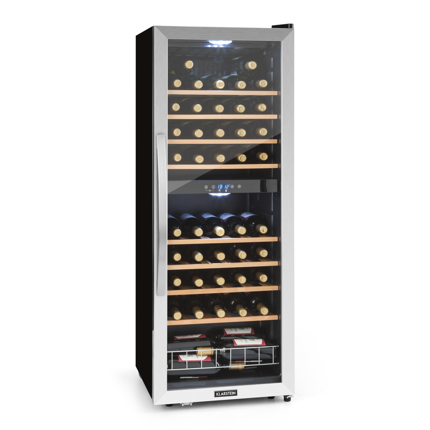 Ein Weinkühler mit mehreren Regalen, gefüllt mit Weinflaschen. Er hat eine Glastür und ein digitales Display.