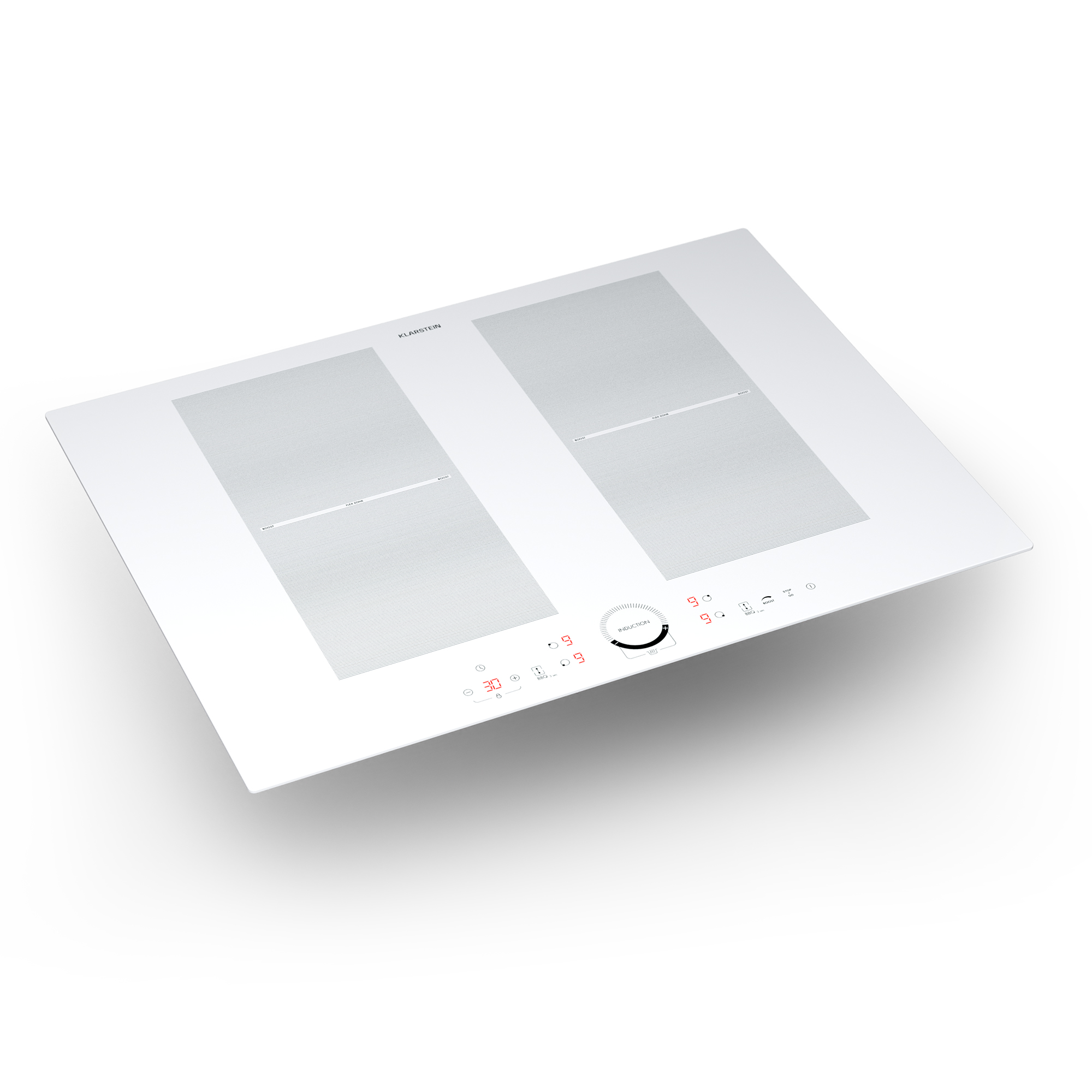 Placa de inducción blanca con dos zonas de cocción. Círculo plateado y botones rojos. Fondo blanco.