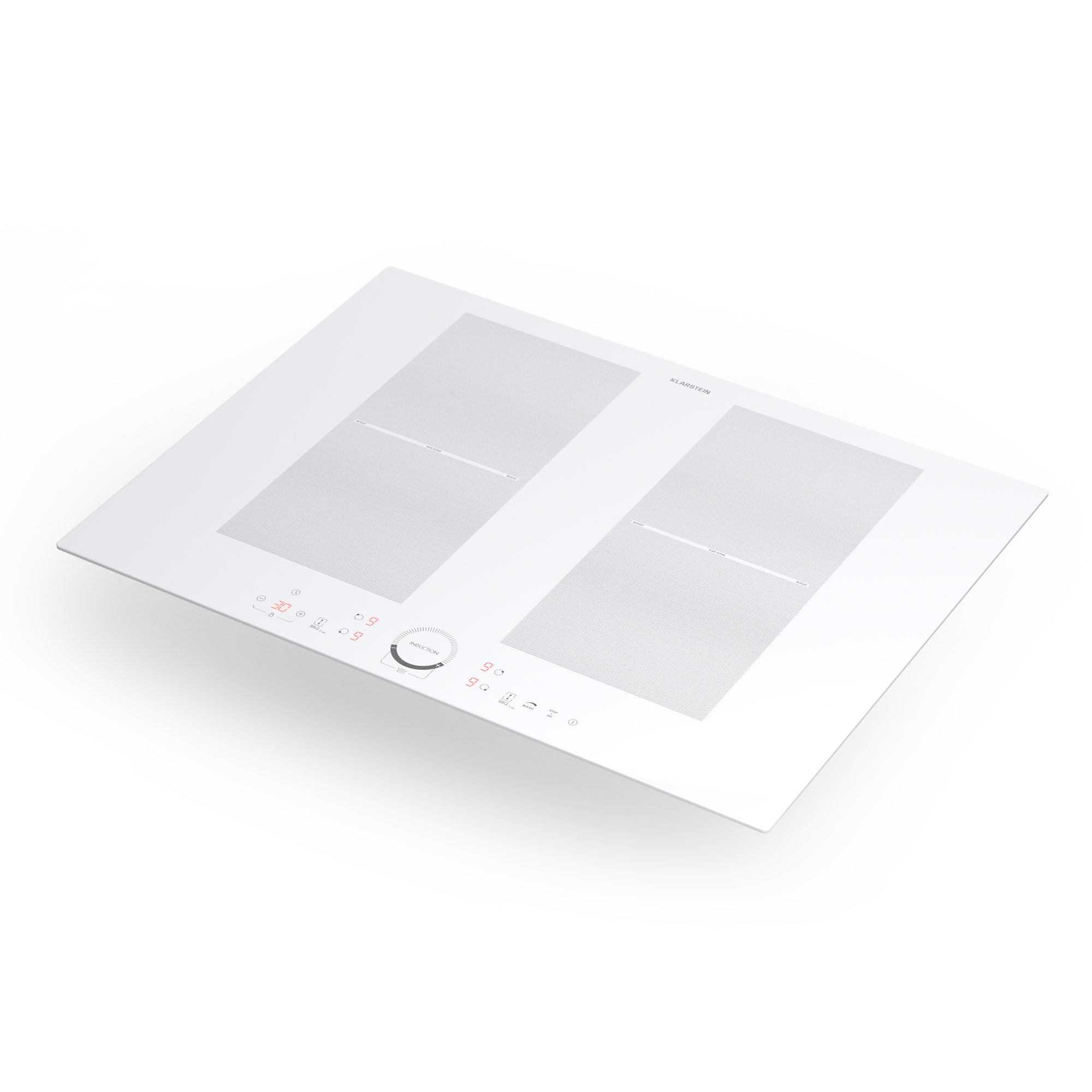 Una placa de inducción blanca con dos zonas de cocción y controles táctiles. Está sobre un fondo blanco.