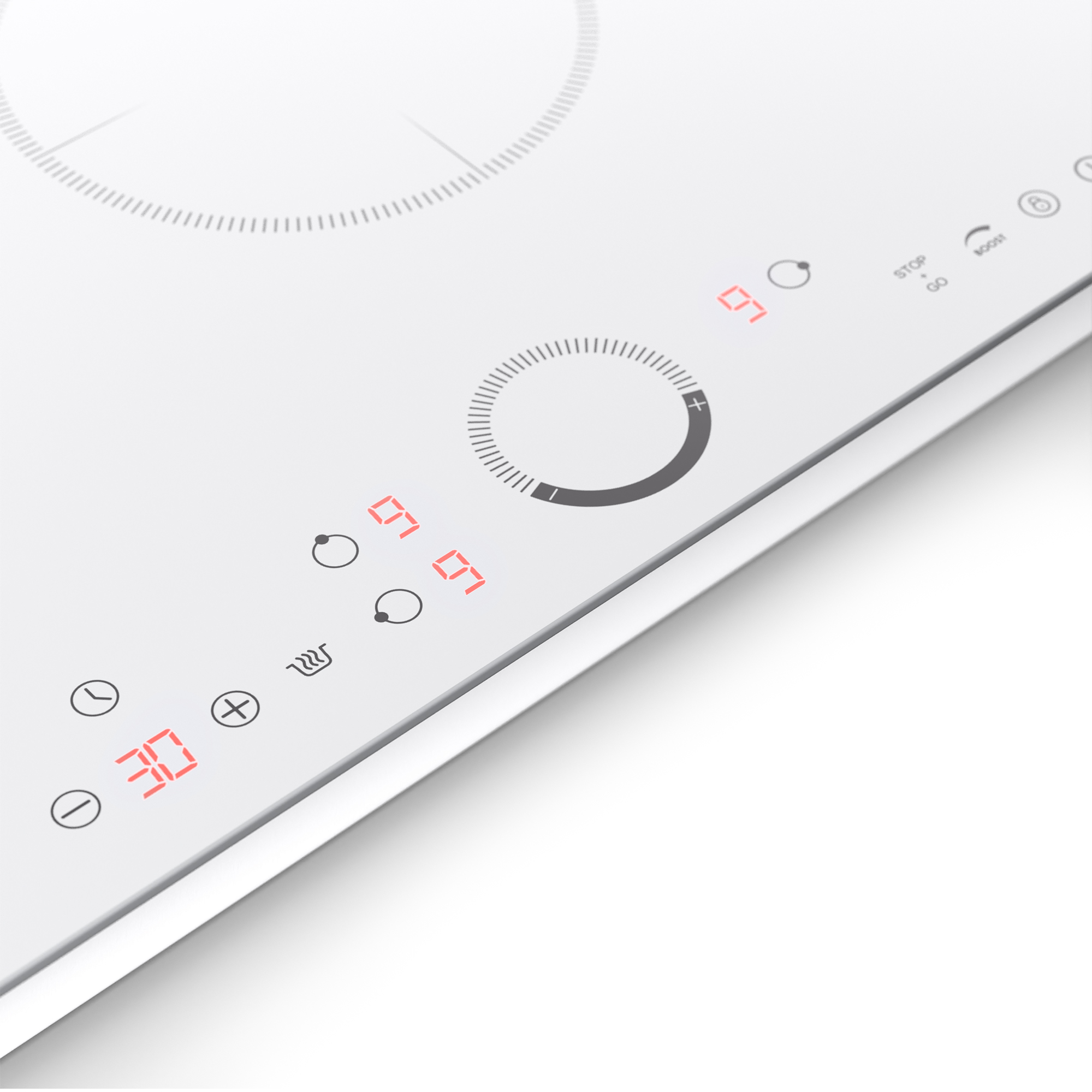 Primer plano de una placa de inducción blanca con pantalla digital y controles táctiles.