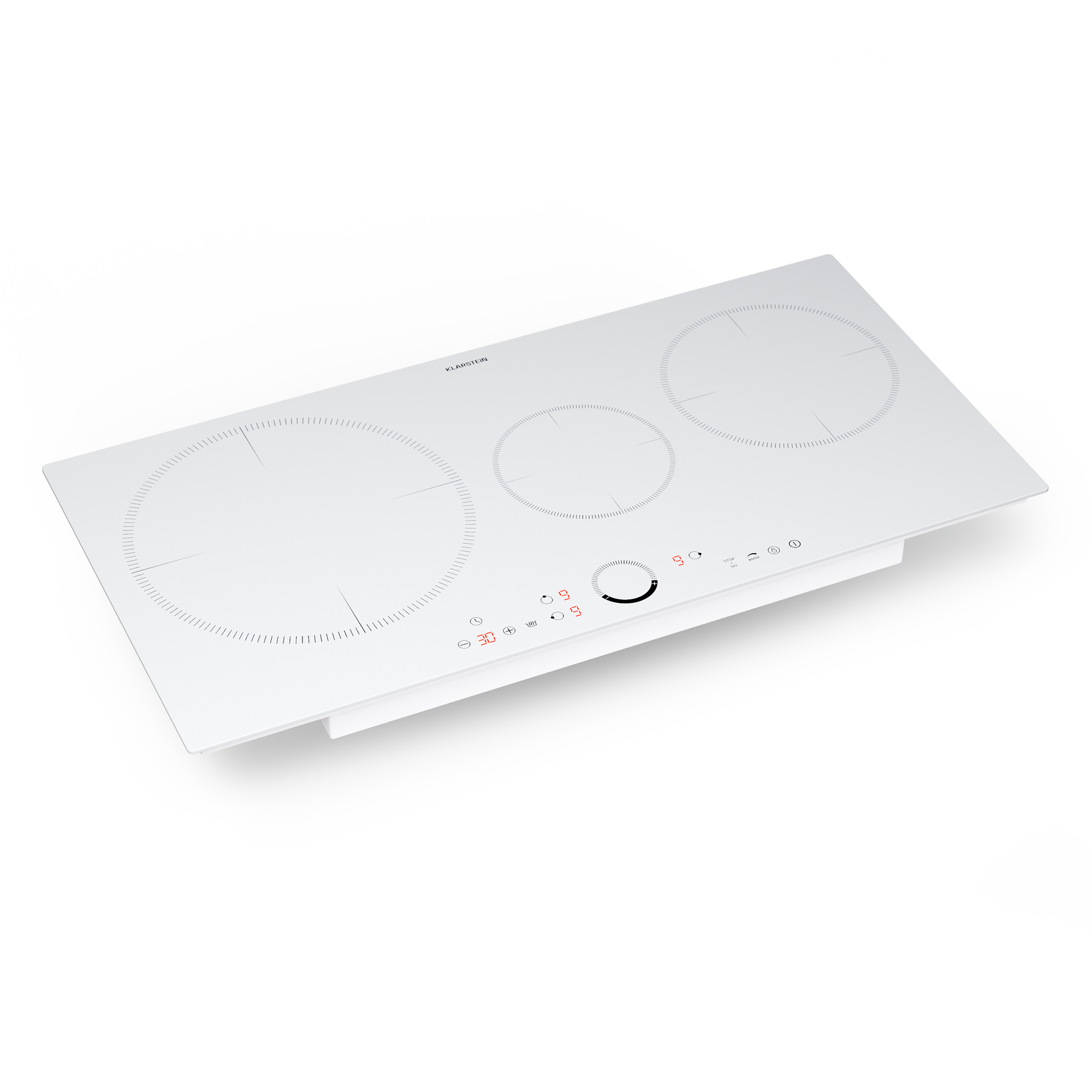Placa de inducción blanca con tres zonas de cocción y controles táctiles, perspectiva en ángulo.