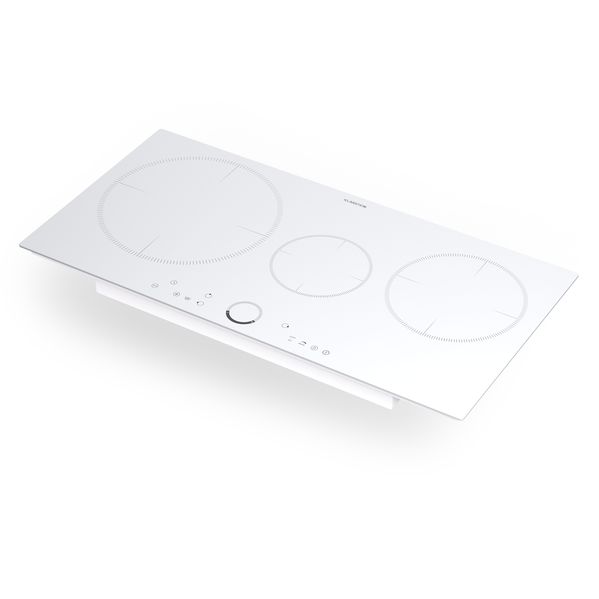 Placa de inducción blanca con tres zonas de cocción circulares y controles táctiles, sobre fondo blanco.