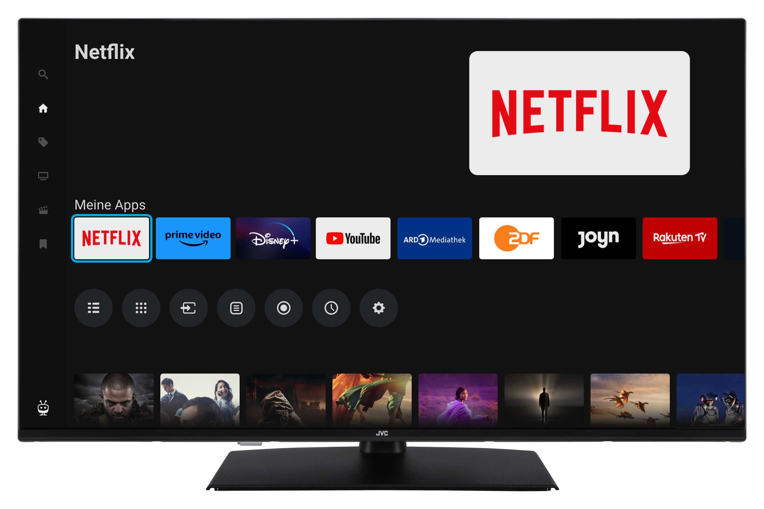 Telewizor wyświetla Netflix z ikonami aplikacji. Ekran jest czarny, widoczne logo JVC.