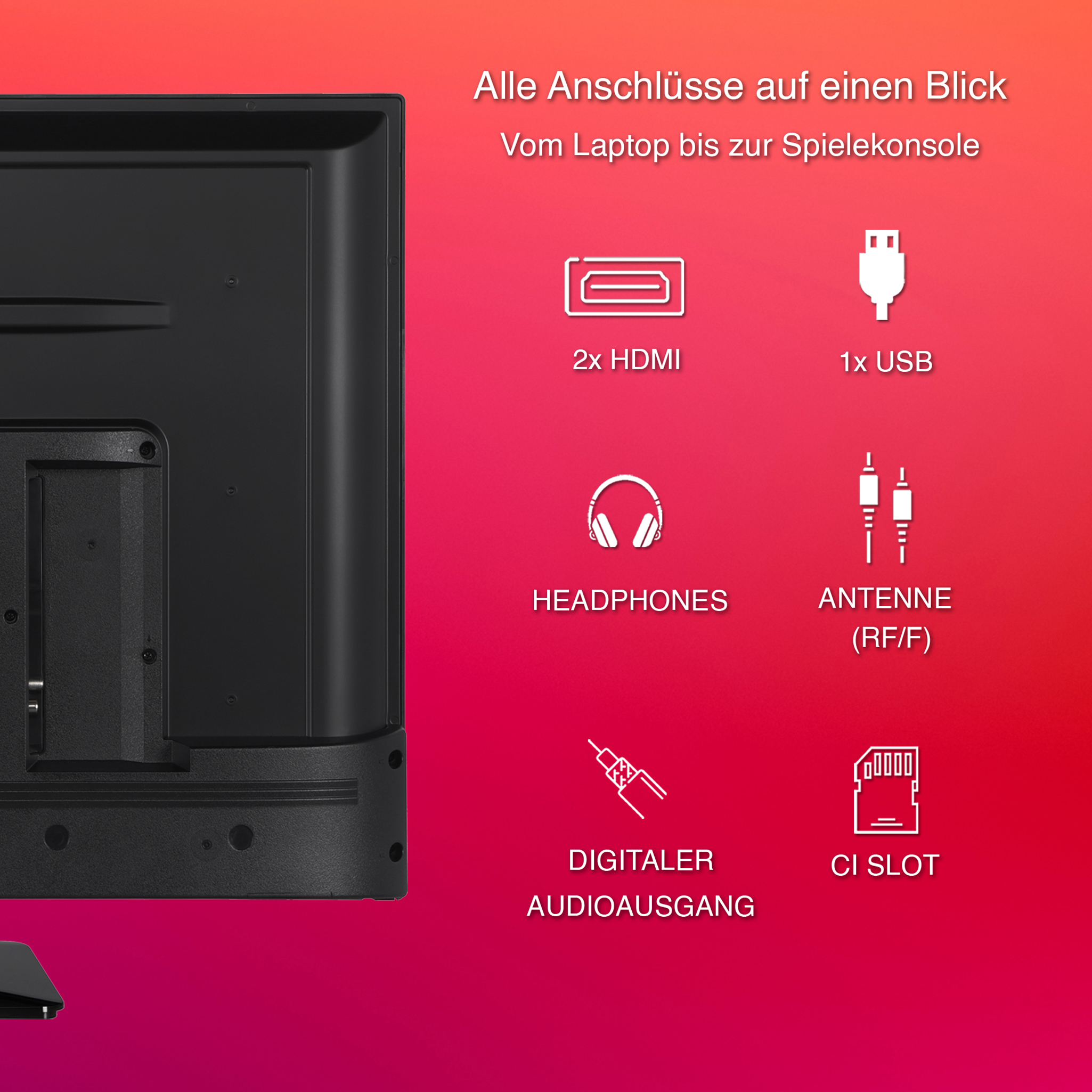 TV-Rückwand mit Anschlüssen: HDMI, USB, Kopfhörer, Antenne, Digital Audio und CI-Slot.