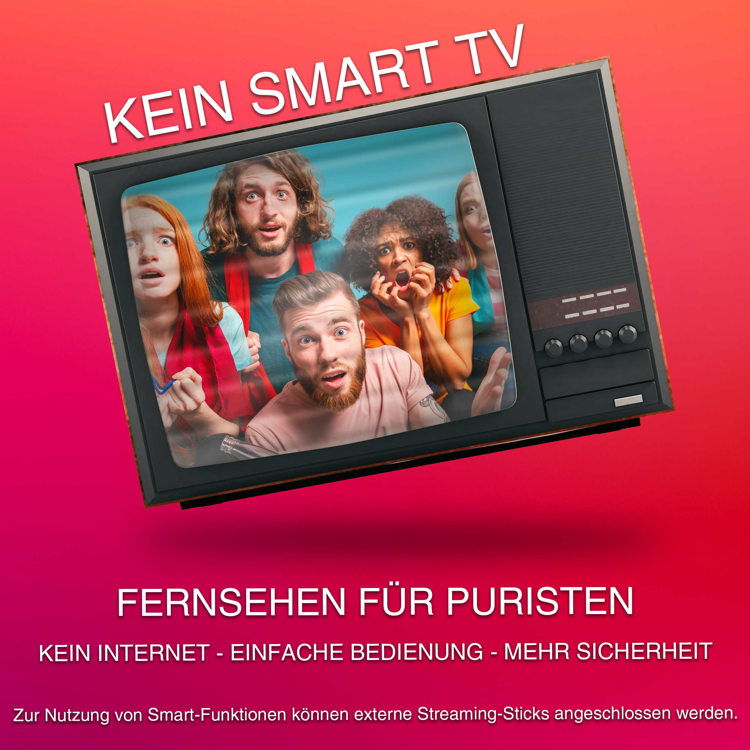 Das Bild zeigt einen Retro-Fernseher, der eine Gruppe von überraschten Menschen zeigt.