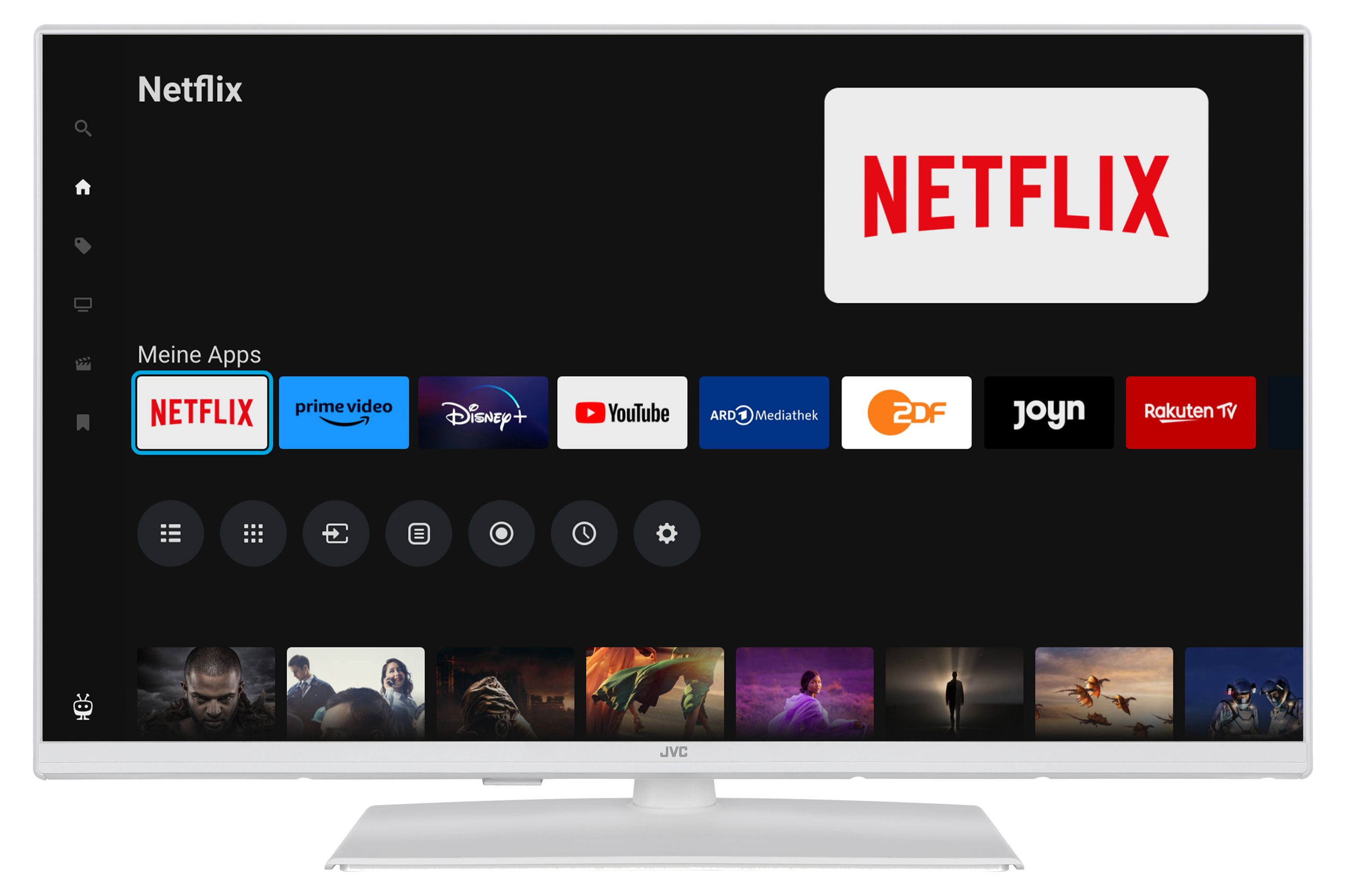 Ein weisser Fernseher mit Netflix-App-Oberfläche. Es gibt App-Symbole und eine Netflix-Schaltfläche.