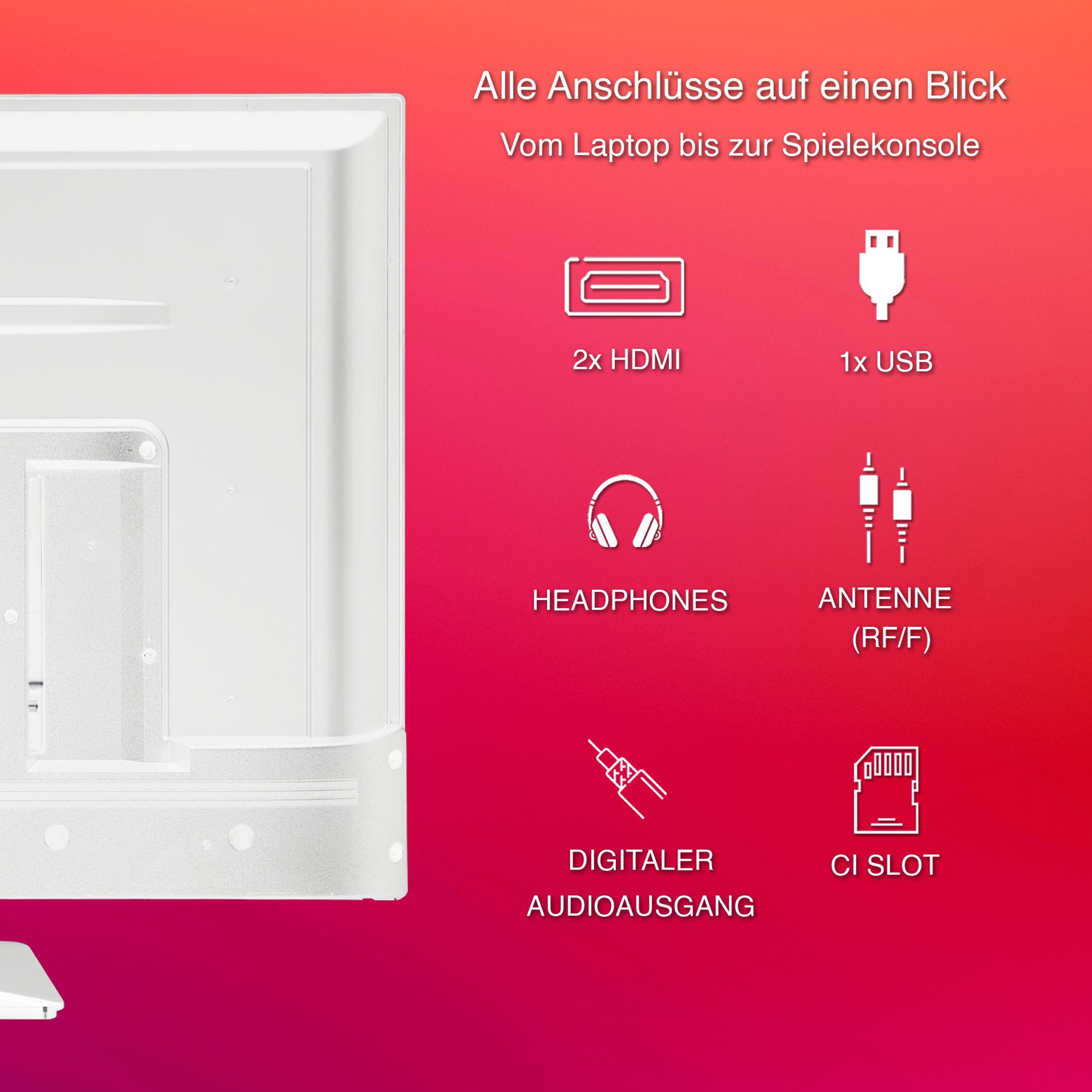 TV-Rückwand mit Anschlüssen: HDMI, USB, Kopfhörer, Antenne, digitaler Audioausgang, CI-Slot.