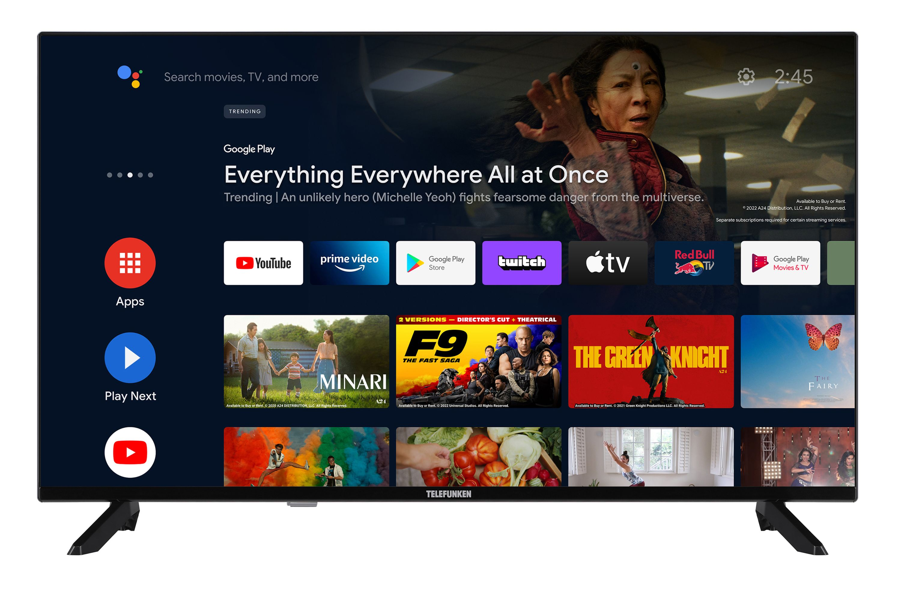 Ein Flachbildfernseher, der einen Film zeigt. Zeigt Apps, darunter YouTube, Prime Video und Netflix.