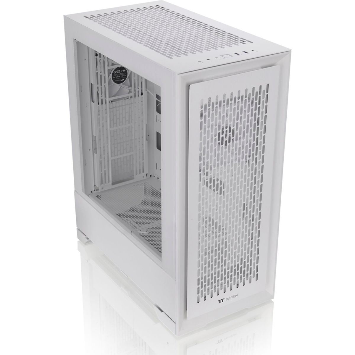 Ein weißes Computergehäuse mit einer Glasseitenwand und einer Frontplatte mit Maschendesign.