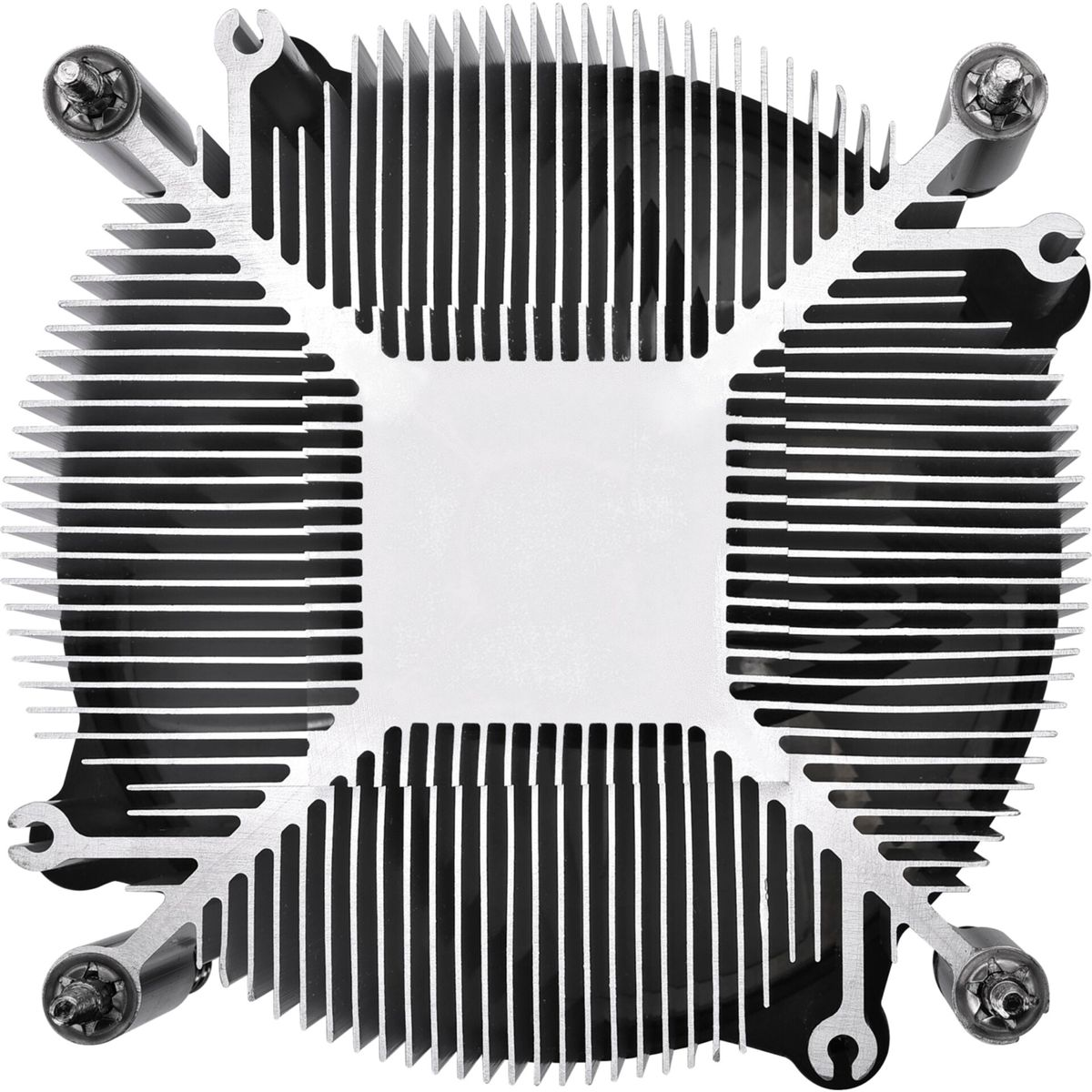 Srebrny radiator z czarnym wentylatorem. To widok z góry.