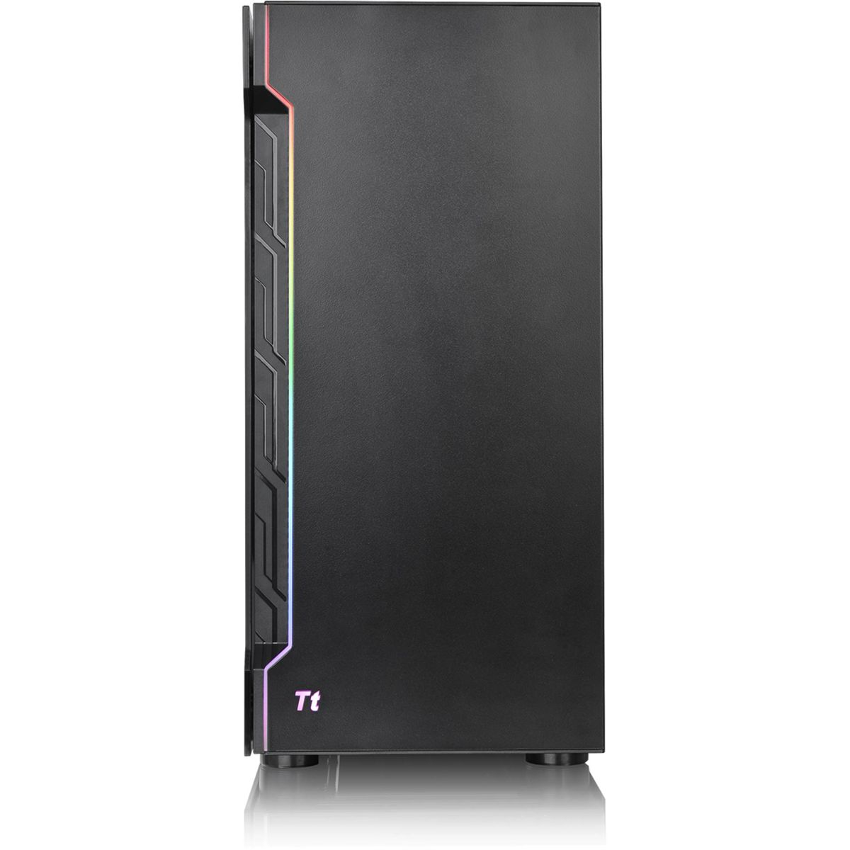 Schwarzes Computergehäuse mit RGB-Beleuchtung an der Seite.