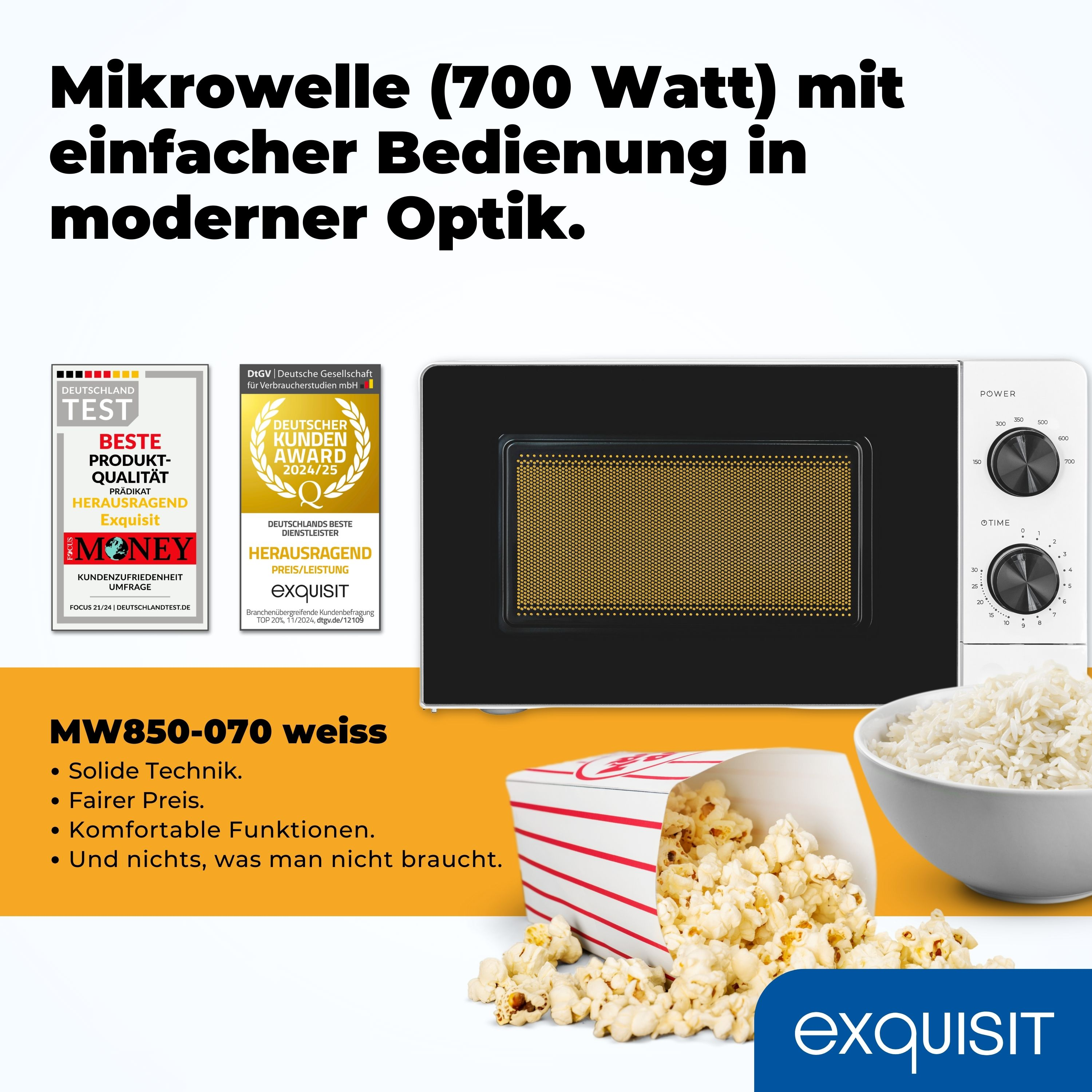 Ein weißer Mikrowellenherd mit Popcorn und einer Schüssel Reis.