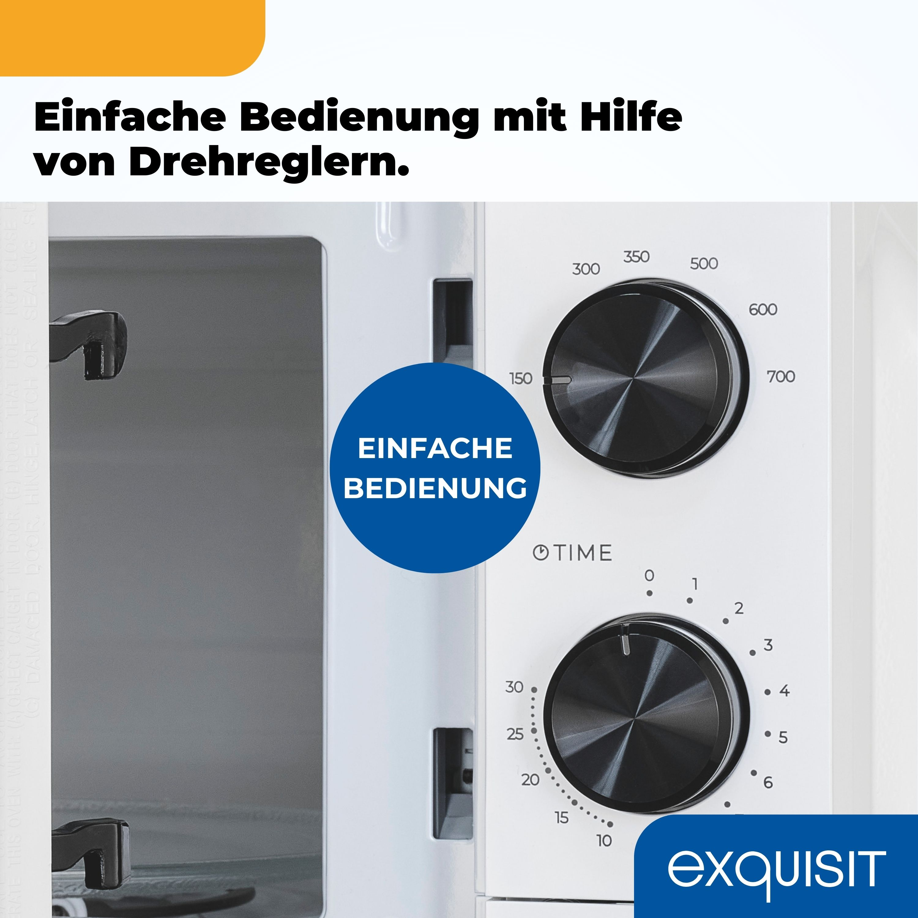Mikrowellenbedienung mit Knöpfen. Blauer Kreis mit Text. Weißer Hintergrund.