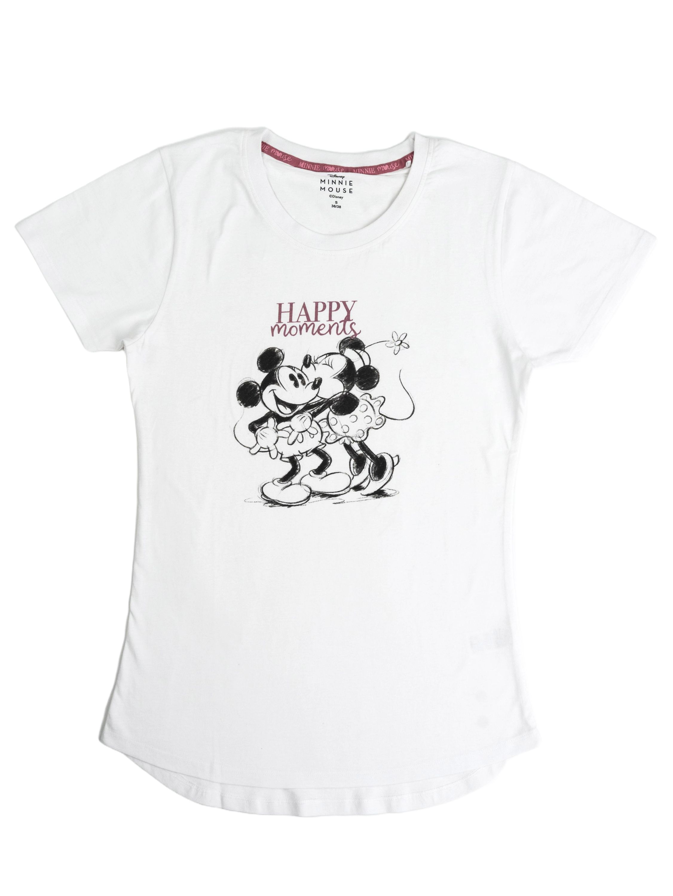 Weißes T-Shirt mit einer Minnie-Maus-Zeichnung und den Worten Happy Moments.