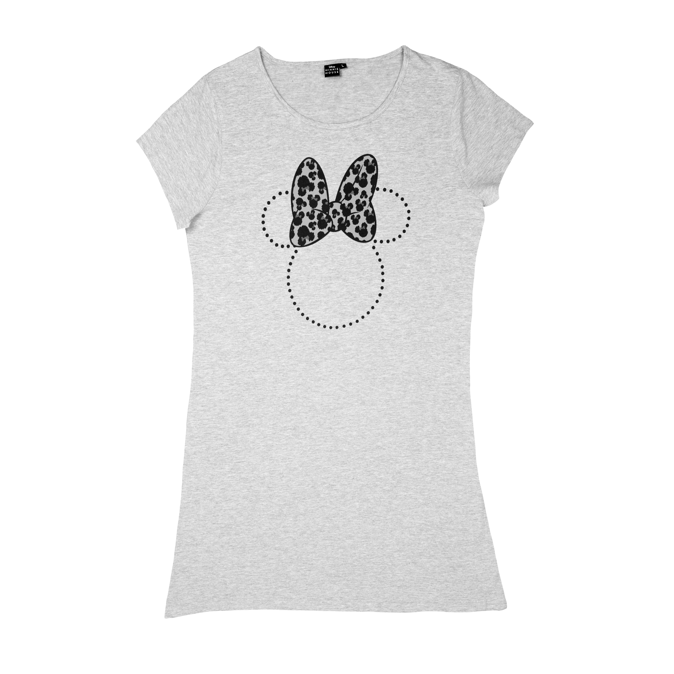 Graues T-Shirt mit einer Minnie-Maus-Silhouette. Die Schleife ist leopardenmuster, die Punkte bilden ihren Kopf.