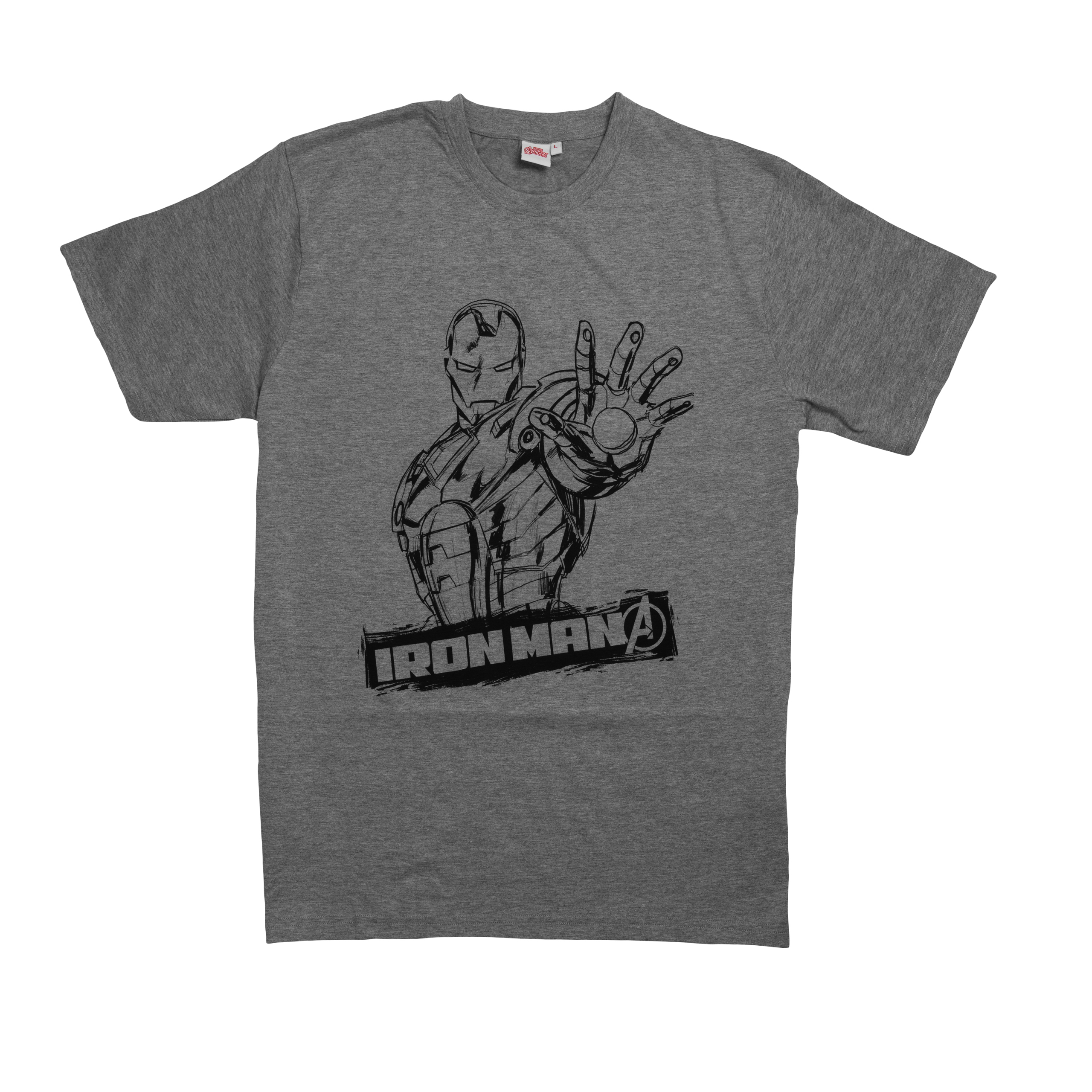 Graues Iron Man T-Shirt mit schwarzer Illustration von Iron Man und Avengers-Logo.