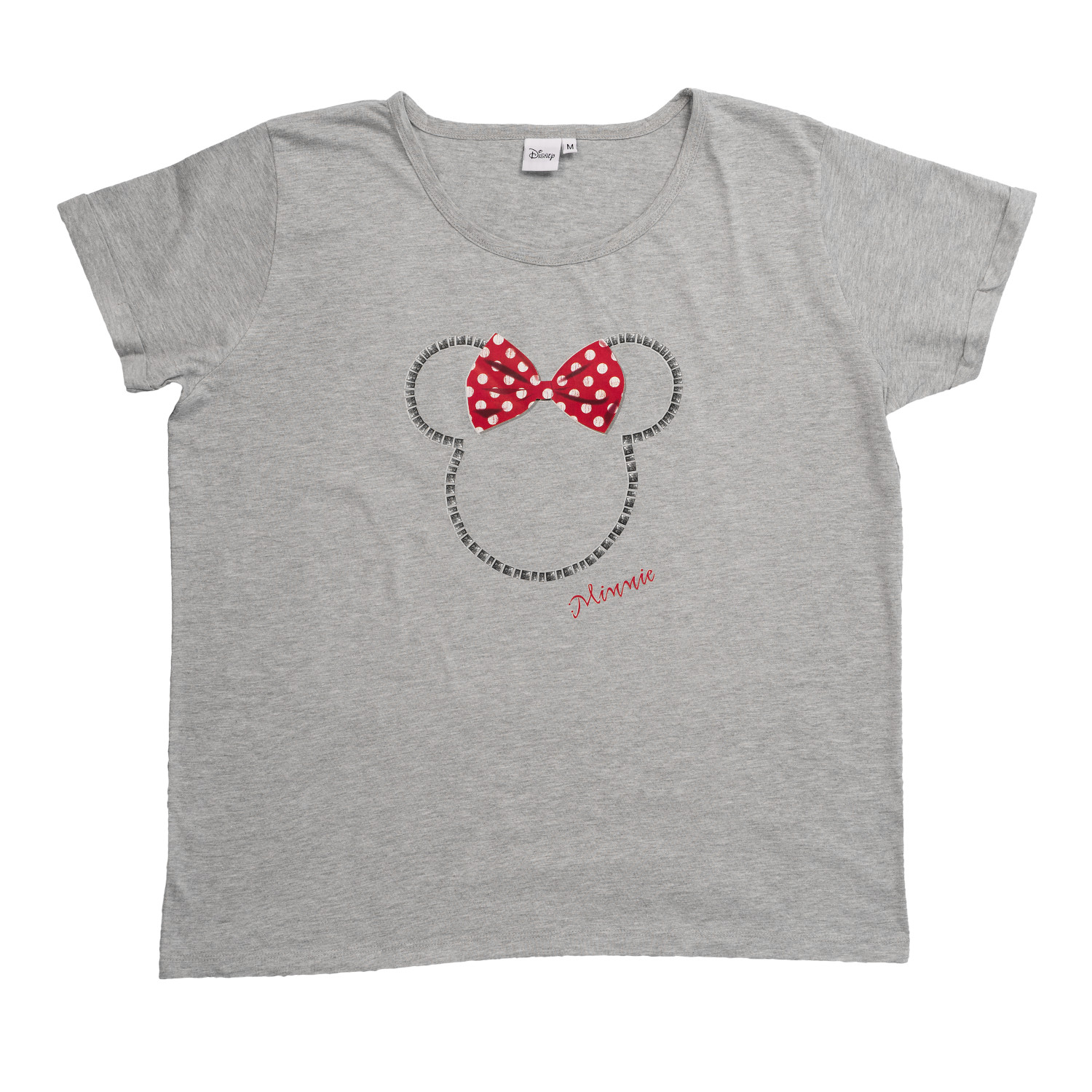 Ein graues Minnie Maus T-Shirt. Es hat eine rote Schleife mit Punkten und Minnis Gesicht schwarz umrandet.