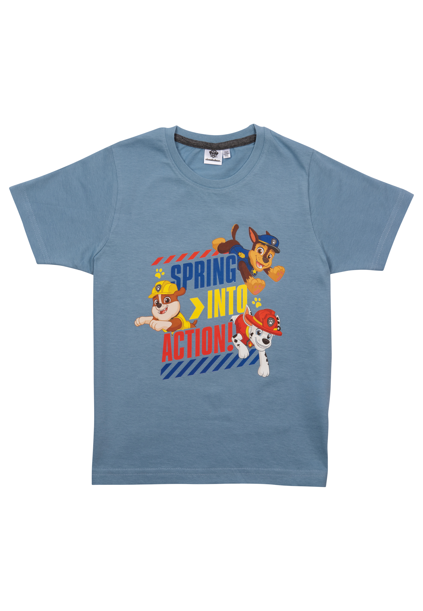 Blaues T-Shirt mit Paw Patrol Figuren und dem Text 'SPRING INTO ACTION!'