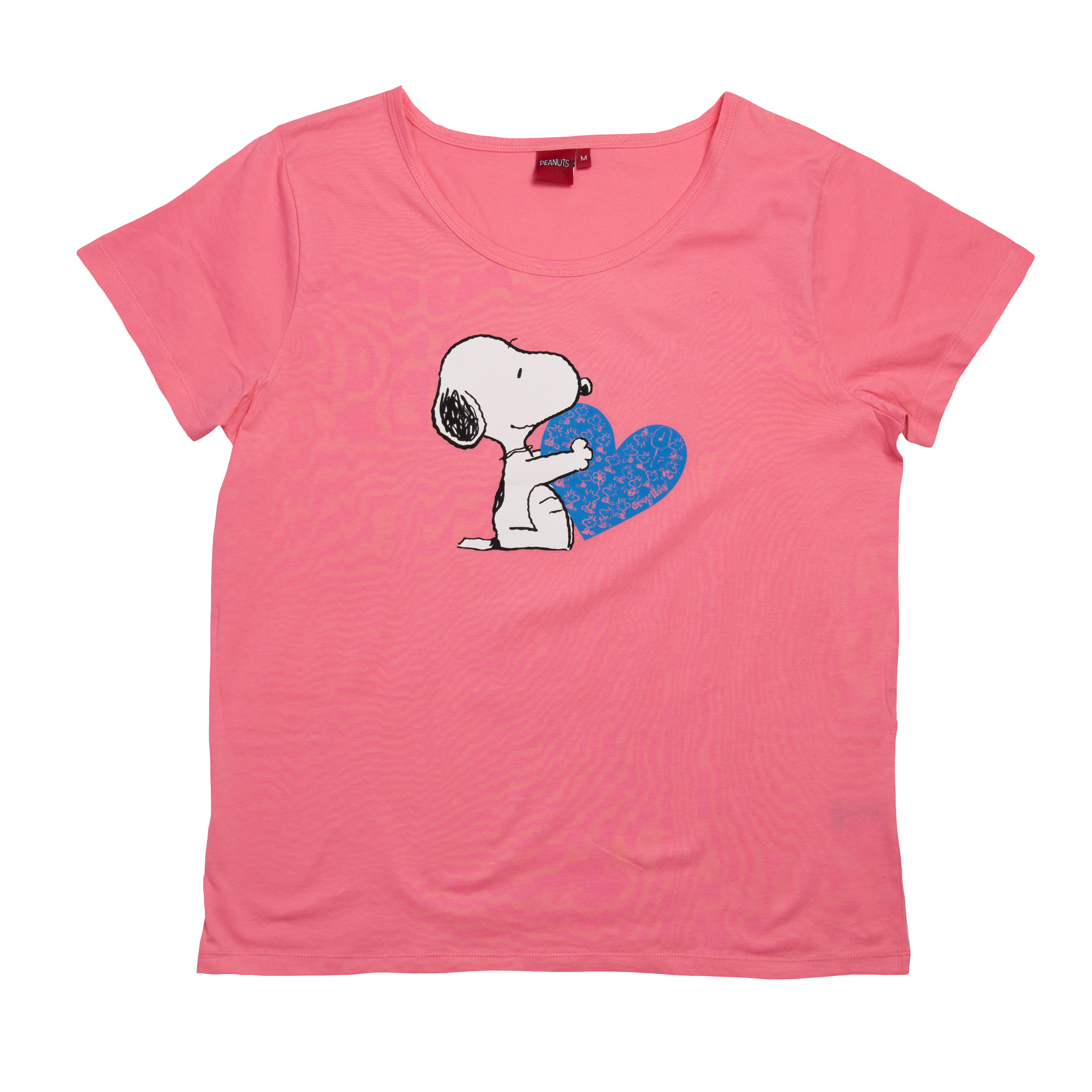 Rosa Snoopy-T-Shirt mit blauem Herzdesign.