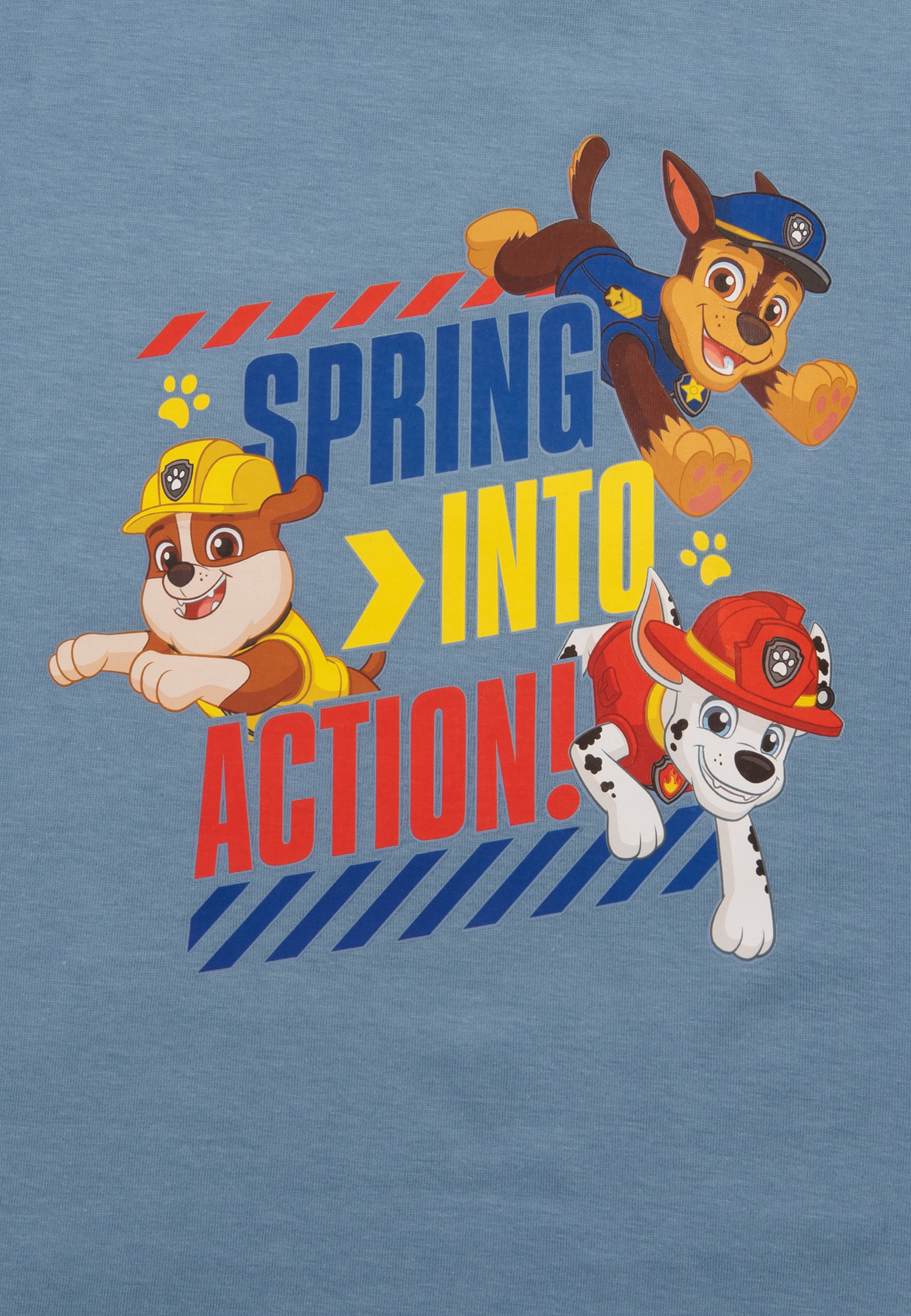 Blaues T-Shirt mit Paw Patrol Charakteren: Chase, Rubble und Marshall.
