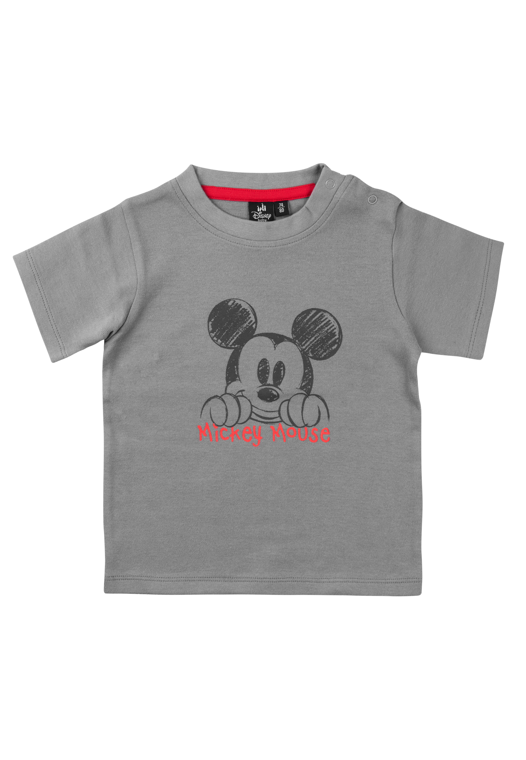 Ein graues T-Shirt mit einem Mickey Mouse-Design. Das Design ist eine Zeichnung von Mickey Mouse.