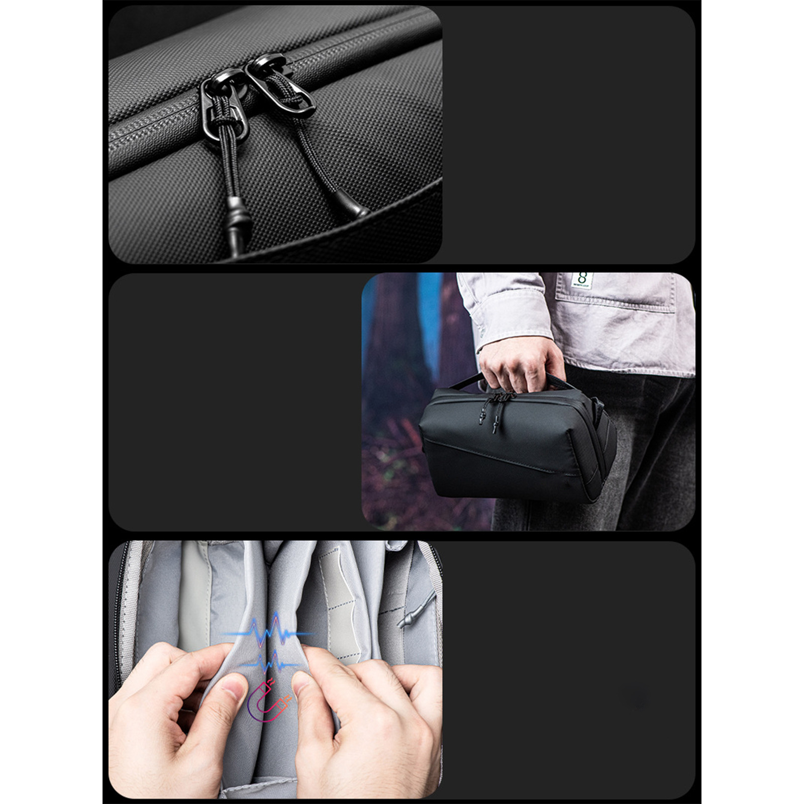 Nahaufnahmen einer schwarzen Tasche, Reißverschlüssen und Händen einer Person mit Tasche.