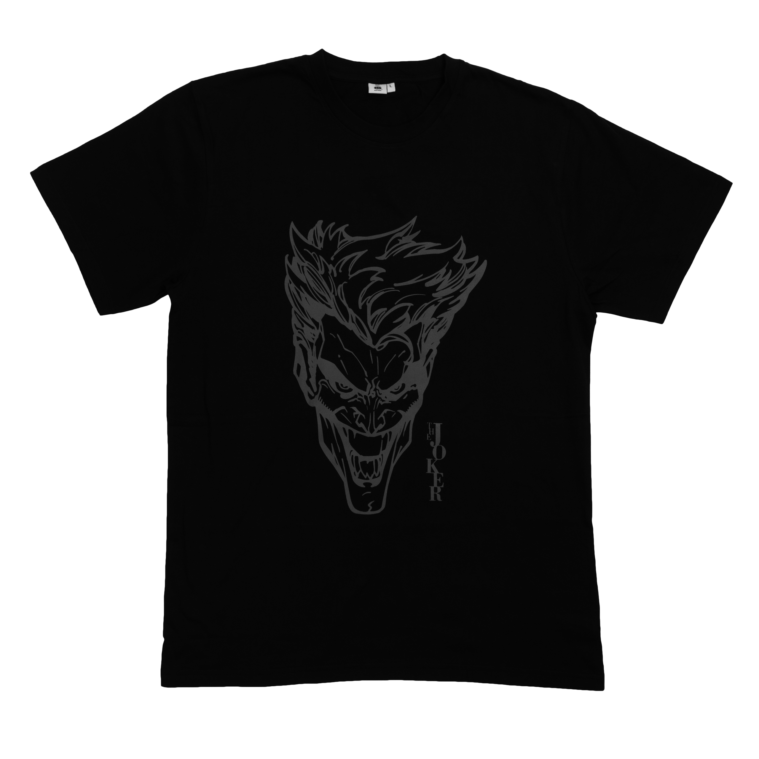 Schwarzes T-Shirt mit einer Joker-Gesichtsskizze. Der Joker lacht böse.