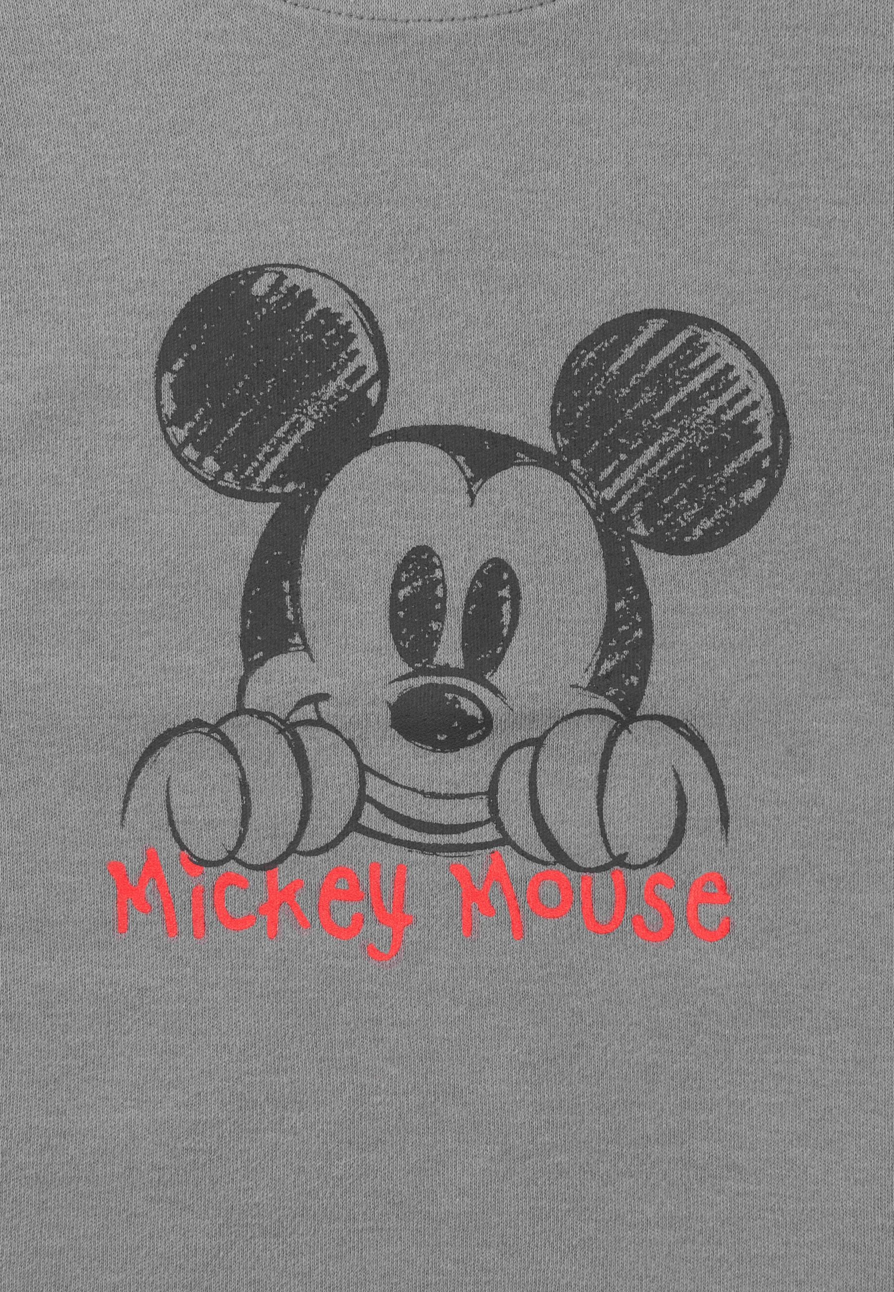 Graues Mickey Mouse-Shirt. Mickey-Gesichtsgrafik mit rotem "Mickey Mouse"-Text.