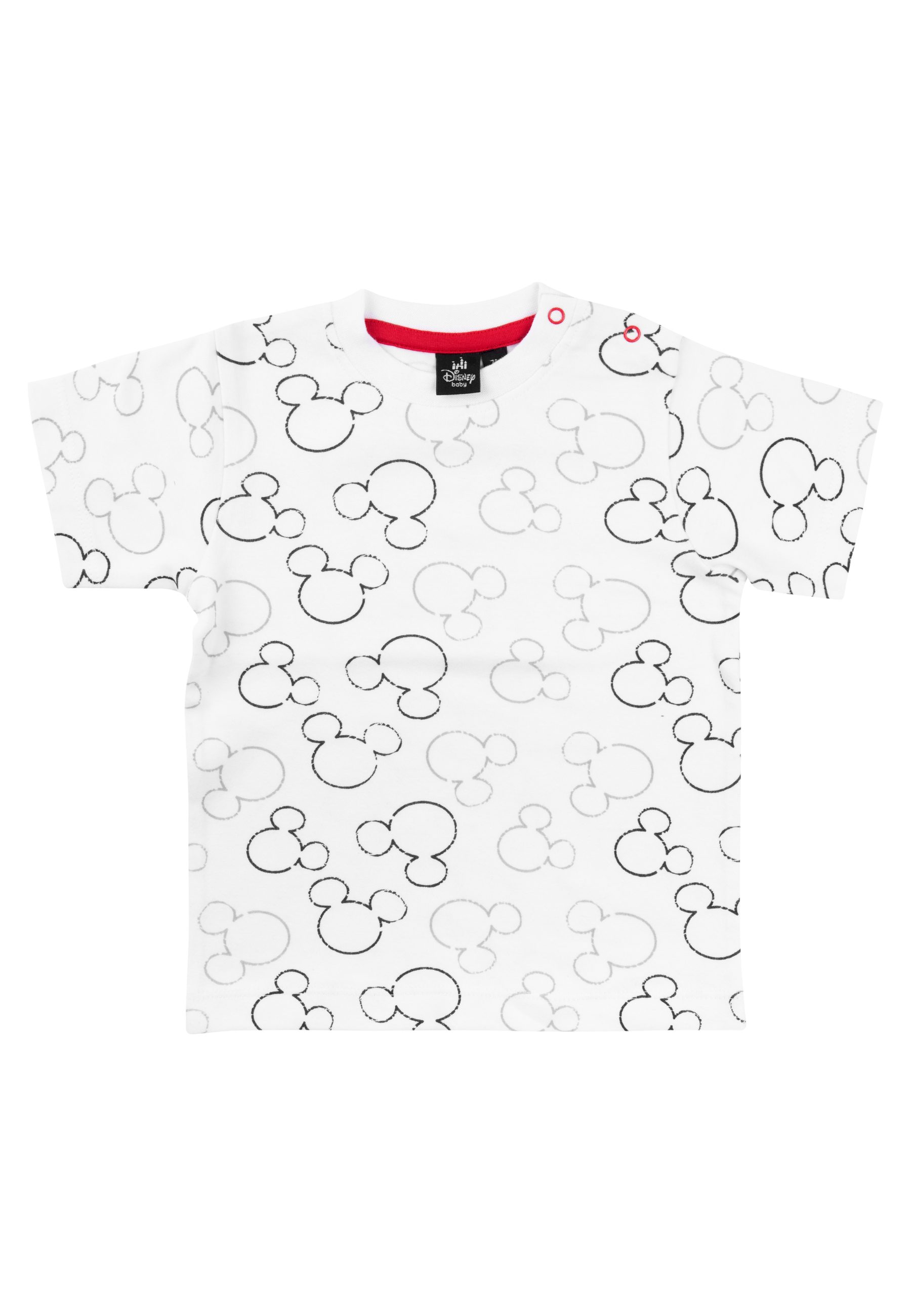 Weißes T-Shirt mit Mickey Mouse-Umrisspattern auf weißem Hintergrund.