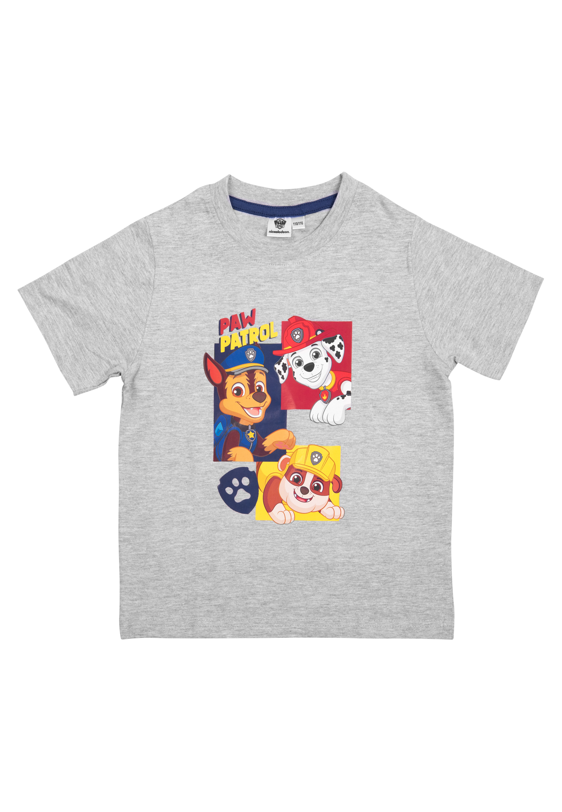 Ein graues Paw Patrol T-Shirt mit Chase, Marshall, Rubble und einem Pfotenabdruck.