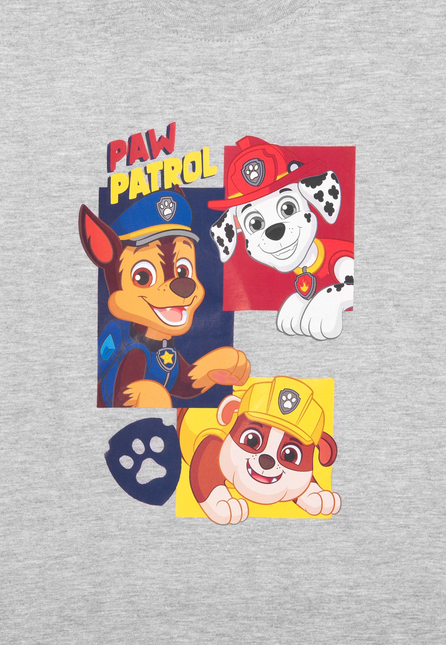 Paw Patrol Shirt. Chase, Marshall und Rubble auf grauem Hintergrund. Pfotenabdruck-Logo.