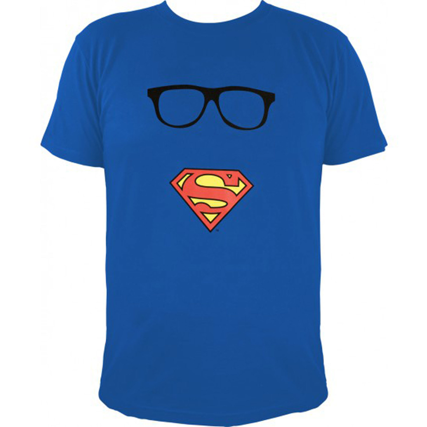 Blaues Hemd mit Brille und Superman-Logo. Das Superman-Logo ist rot und gelb.