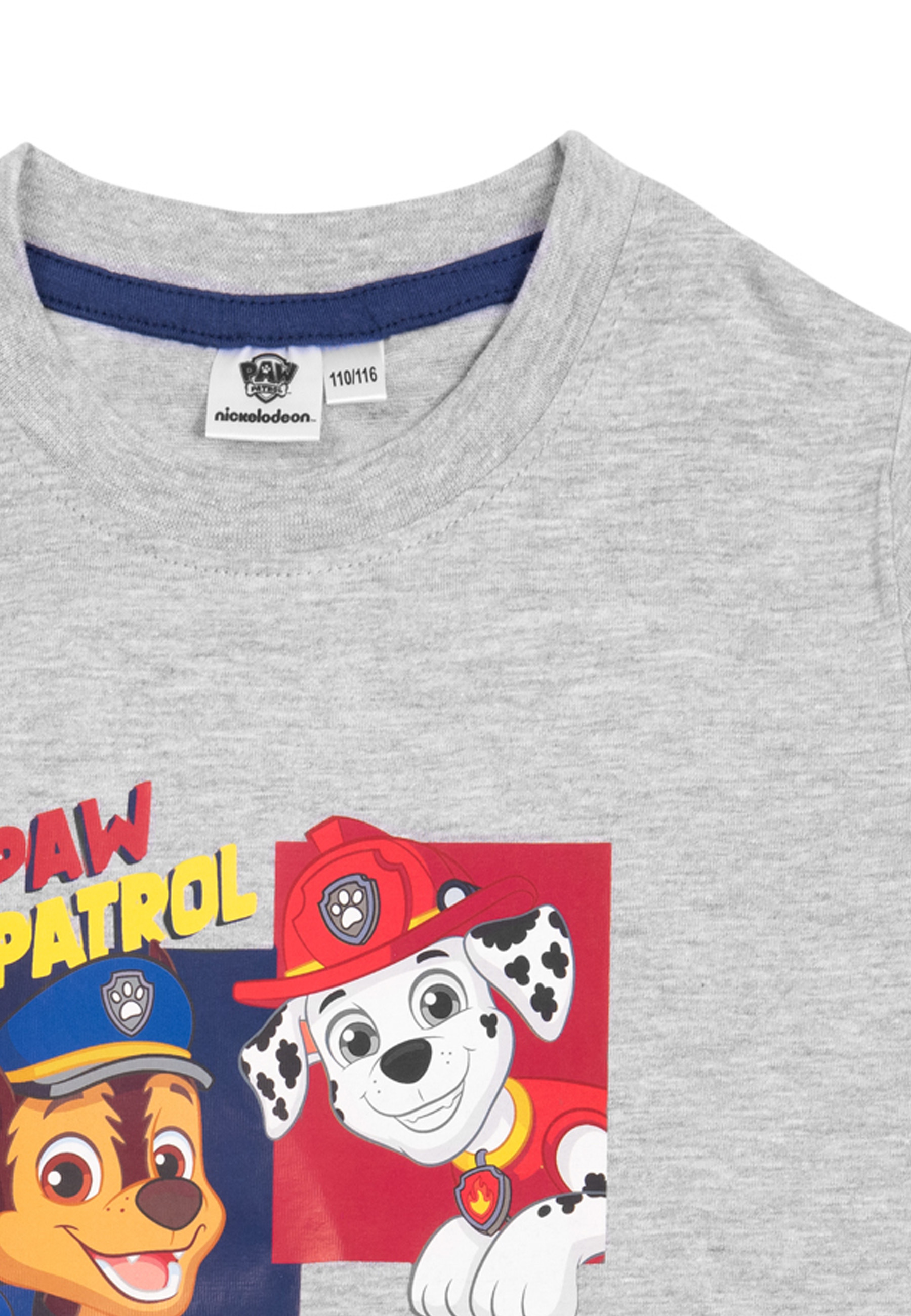 Nahaufnahme eines grauen Paw Patrol-T-Shirts mit Zeichentrickfiguren. Das Shirt zeigt Chase und Marshall.