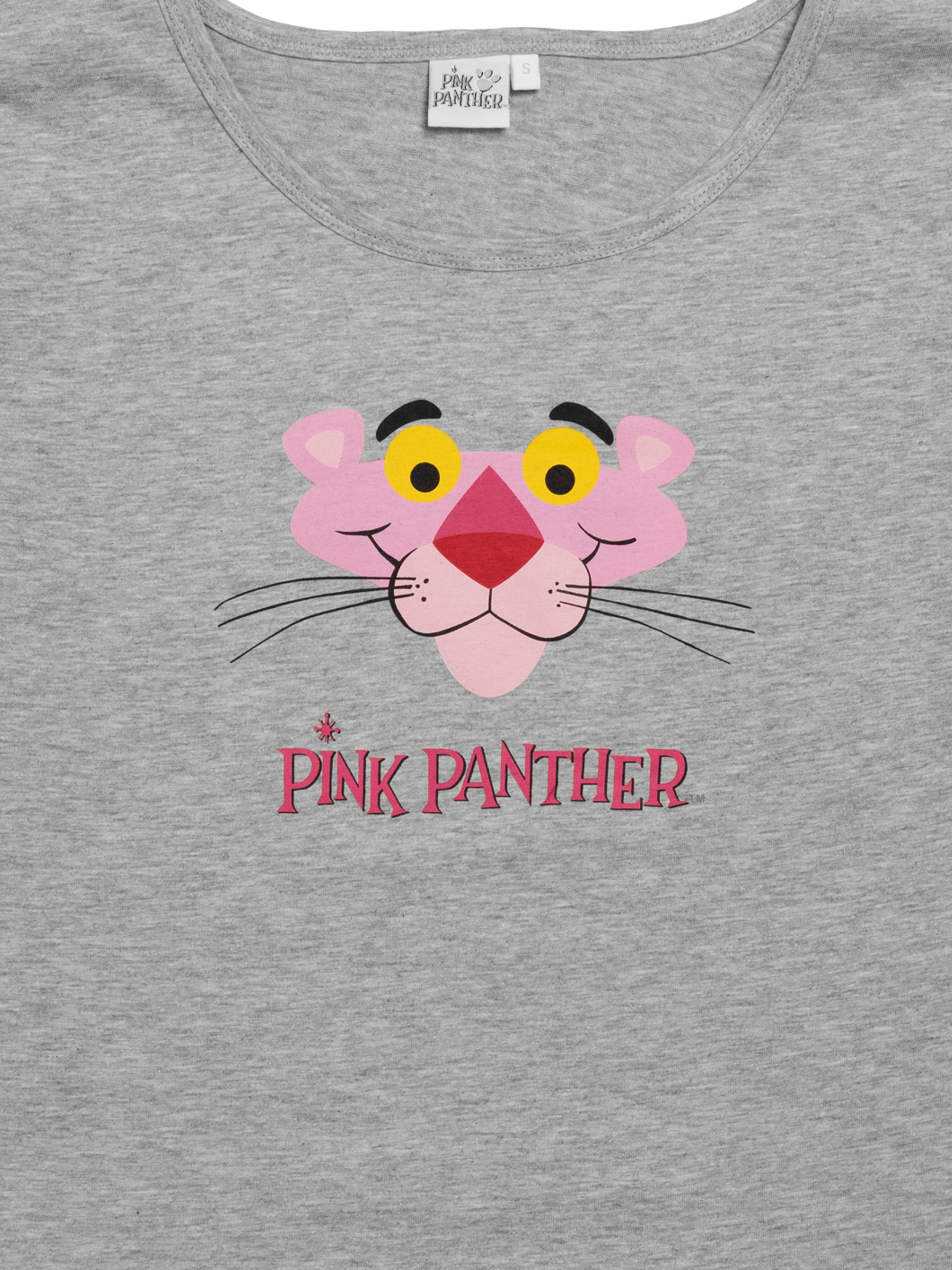 Graues T-Shirt mit einem Pink Panther Gesicht darauf.