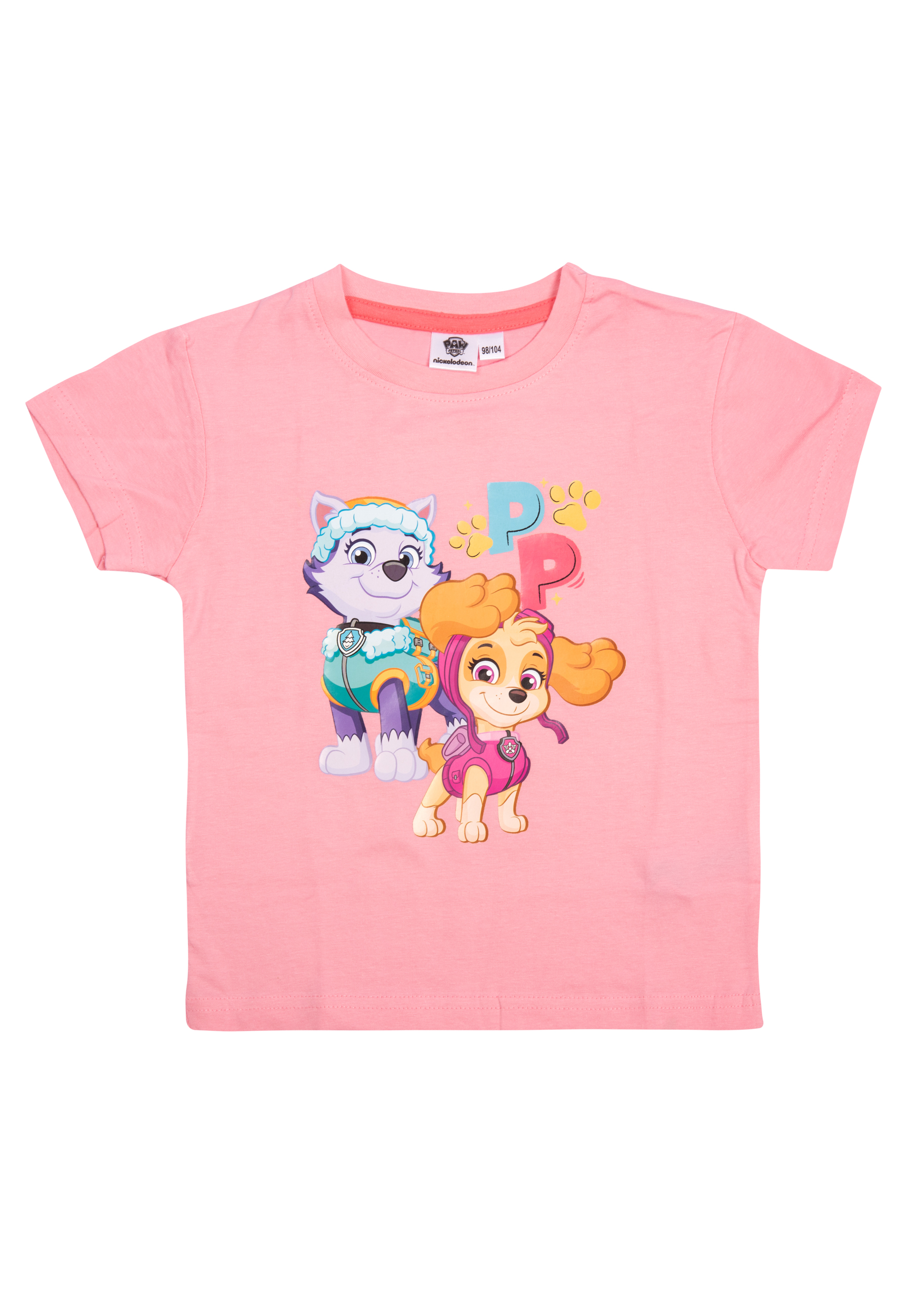 Rosa T-Shirt mit Paw Patrol Charakteren. Zwei Hunde sind auf der Vorderseite.