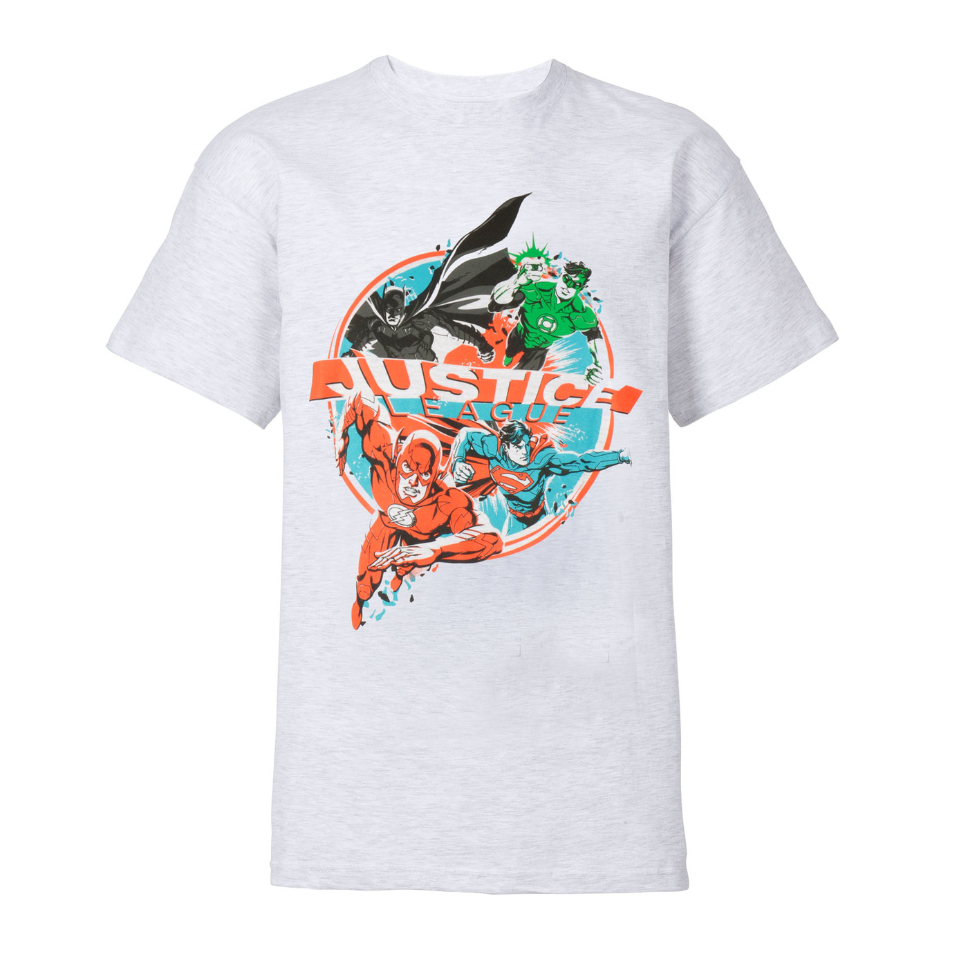 Graues Justice League T-Shirt mit orangefarbenen und tealfarbenen Comicfiguren. Batman, Flash, Superman, Green Lantern.