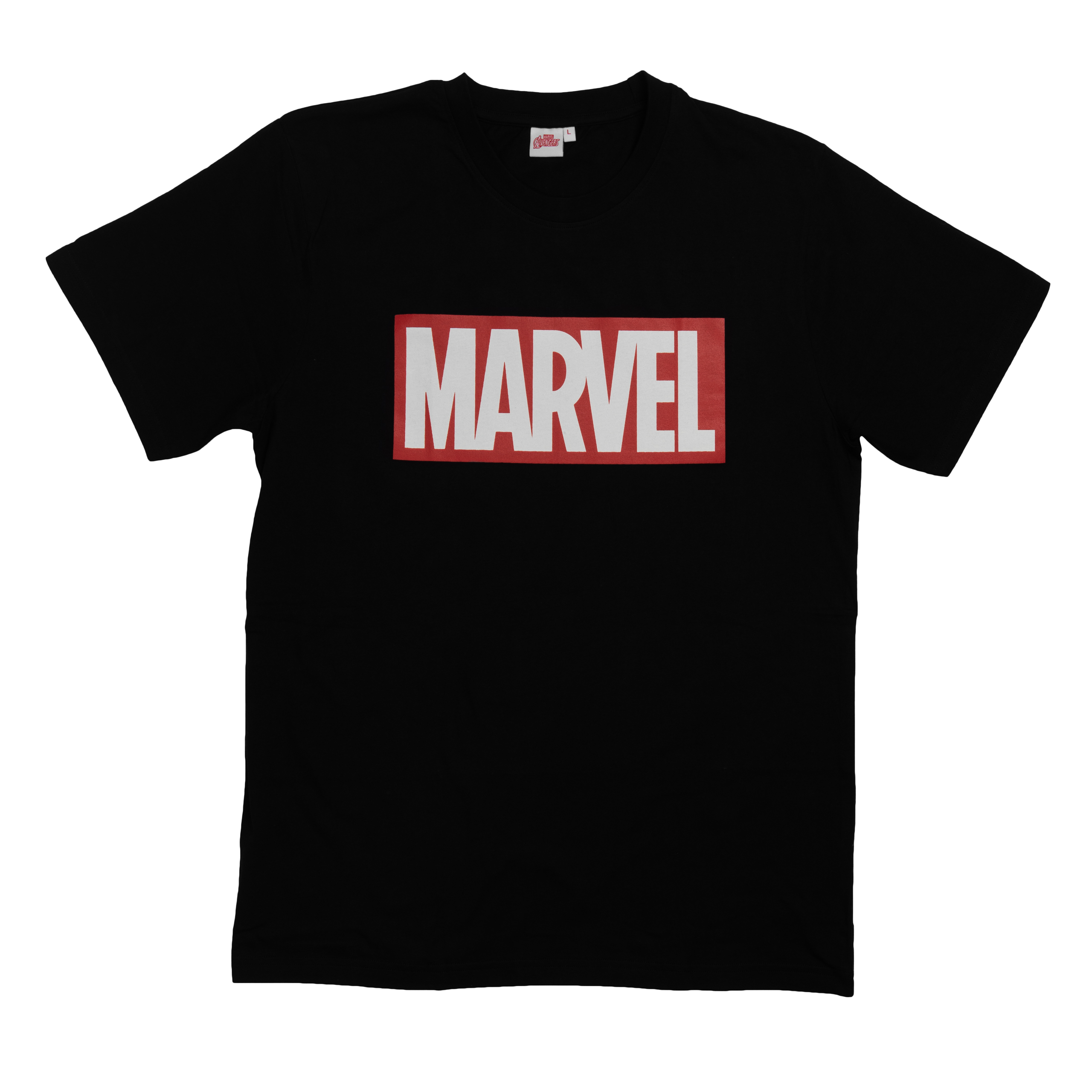 Ein schwarzes Marvel-T-Shirt mit einem weißen rechteckigen Logo, das das Wort MARVEL in Rot schreibt.